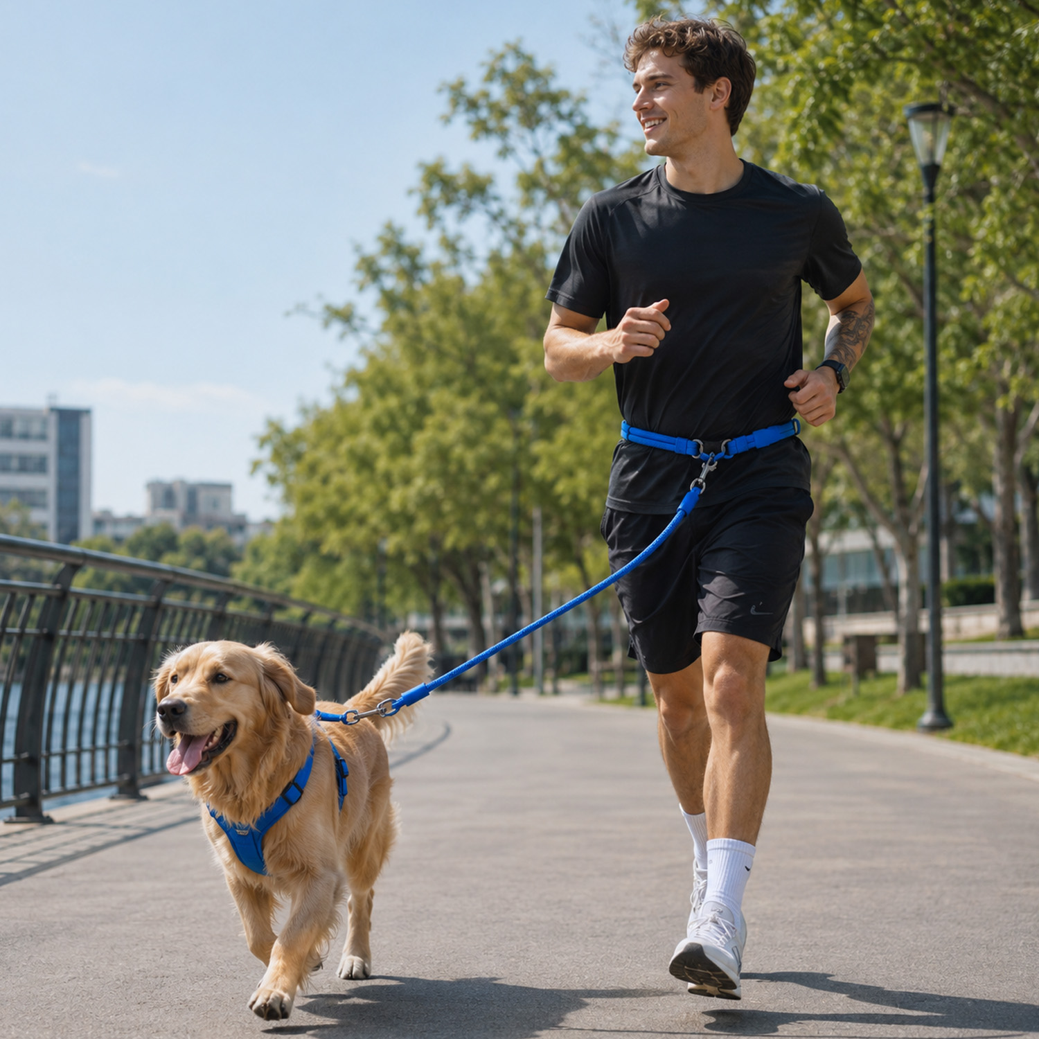 Un hombre con ropa negra trota en un sendero del parque con su golden retriever con una correa azul.