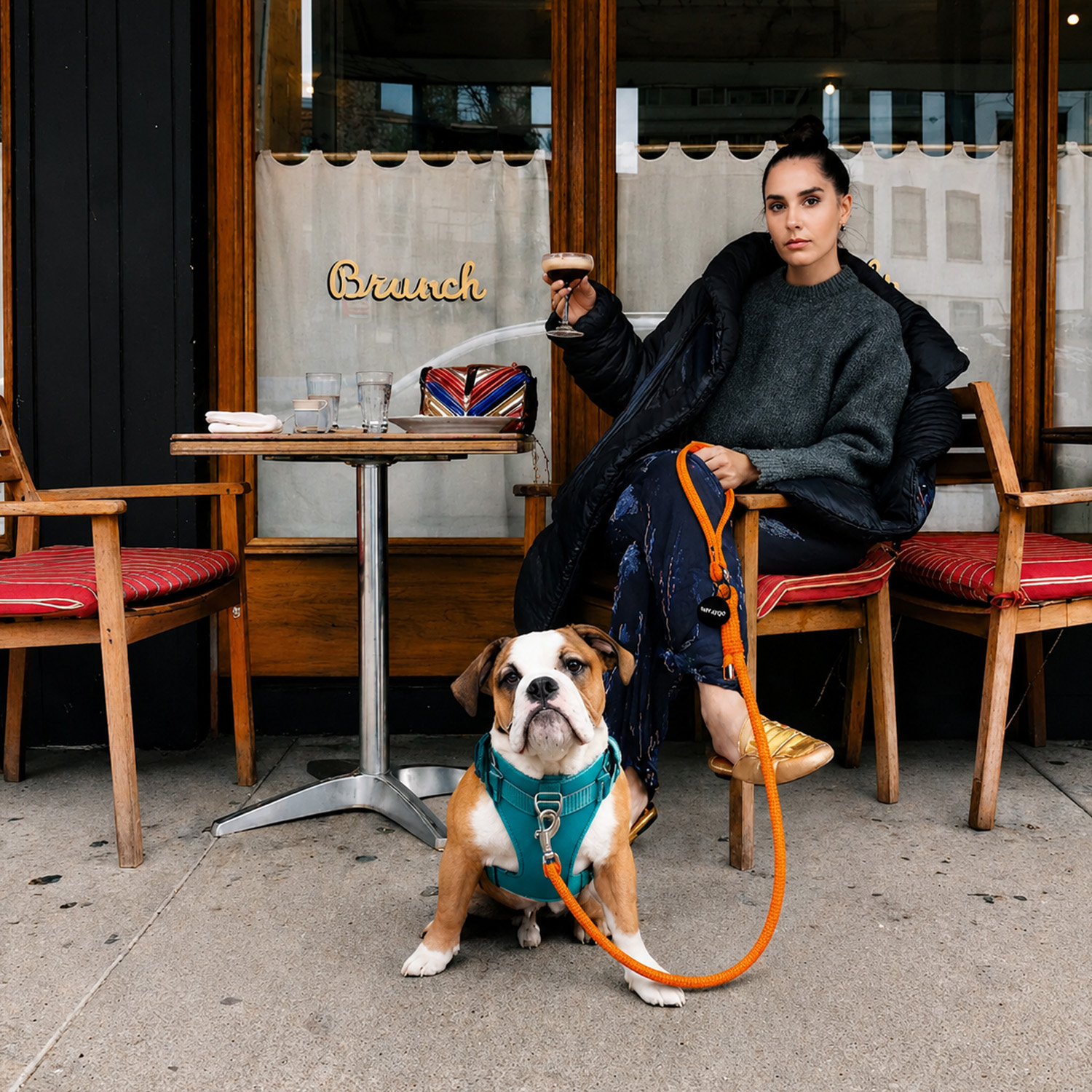 Una mujer en suéter gris sentado en una mesa exterior de un café con una bebida, con su bulldog en un arnés sentado delante.