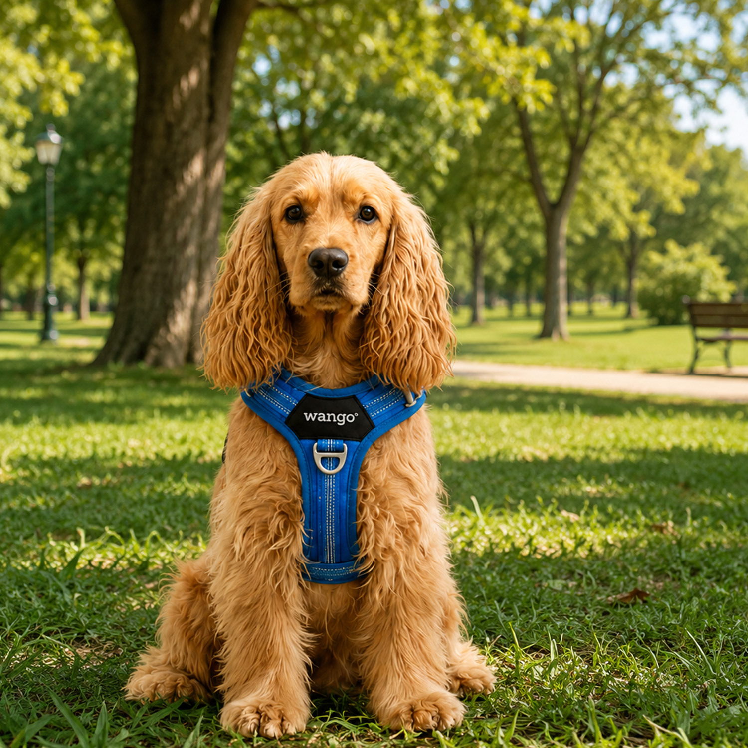 Cocker Spaniel dorado con arnés azul Wango, sentado en césped verde en un parque soleado.