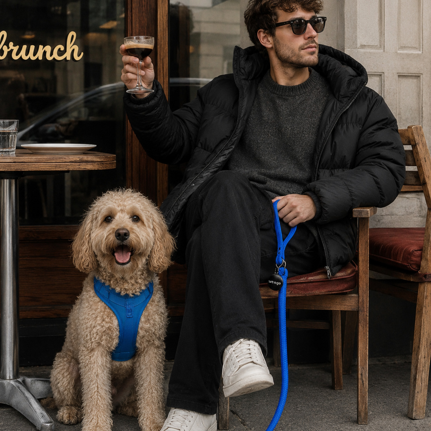 Hombre en chaqueta de plumas en café sostiene café; su perro rubio con arnés azul está sentado a su lado.