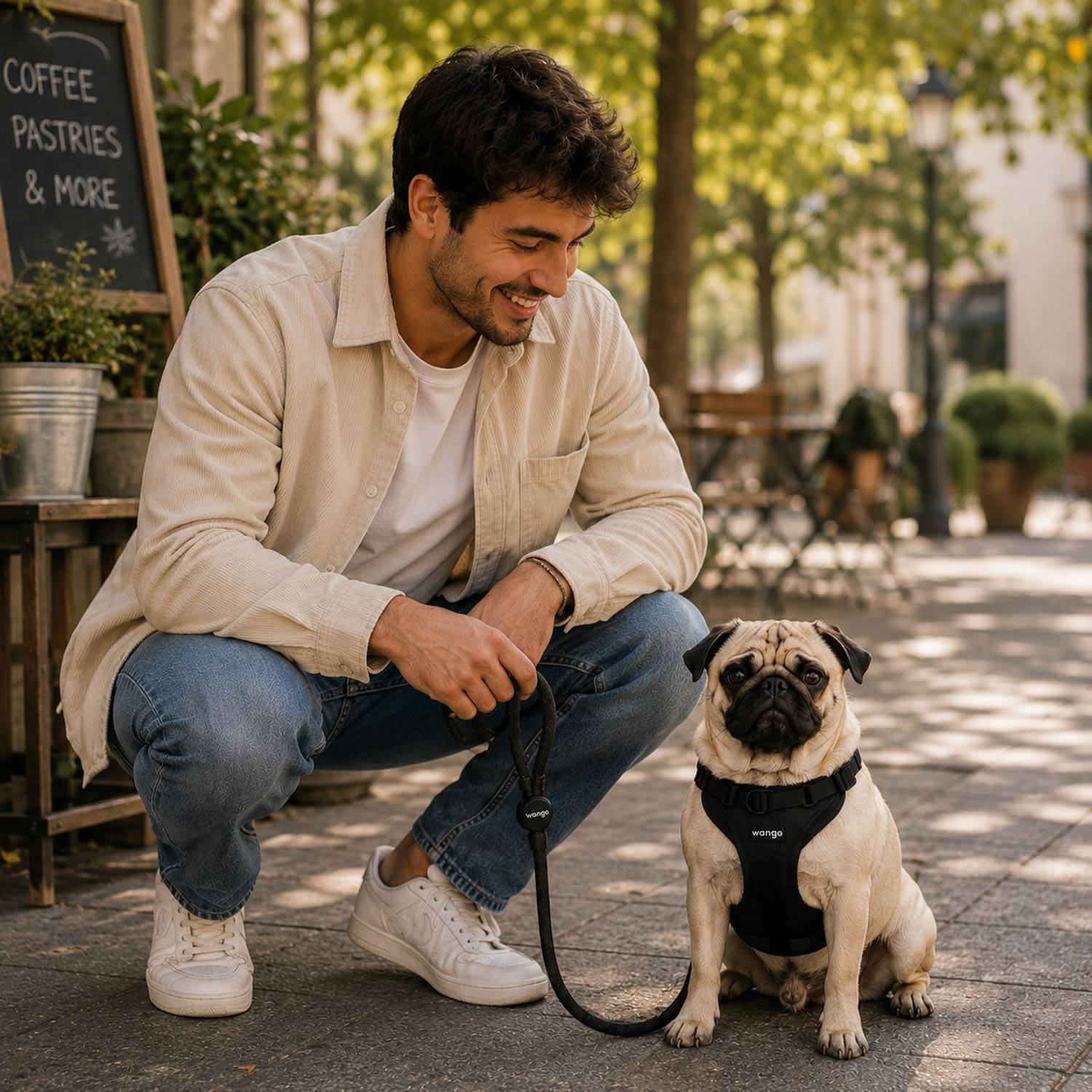 Un hombre con chaqueta clara y vaqueros se arrodilla en una acera al aire libre junto a su pug con arnés negro.