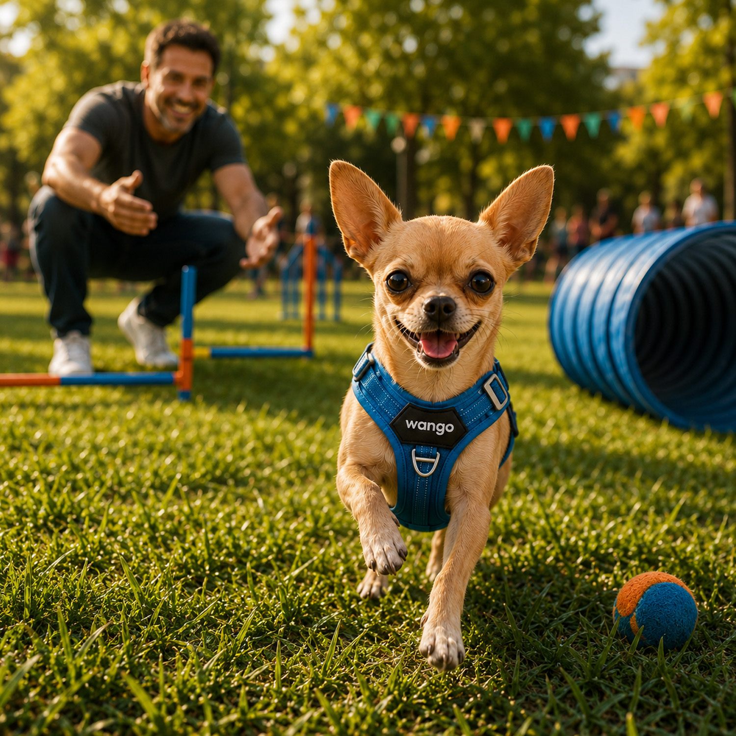 Un pequeño chihuahua con un arnés azul corre alegremente por el césped, mientras un hombre observa en el fondo.