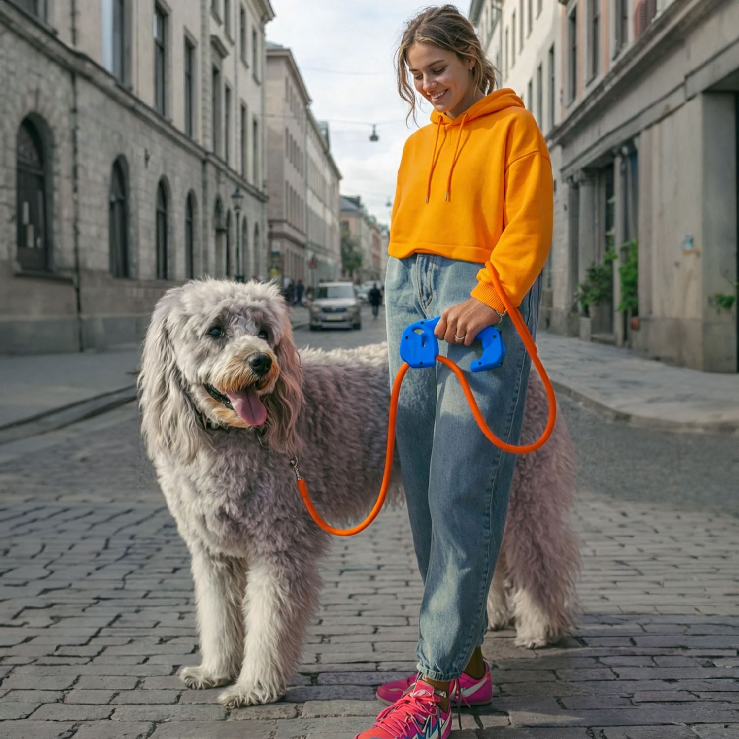Una mujer con sudadera naranja y vaqueros pasea un gran perro gris con correa por una antigua calle adoquinada.