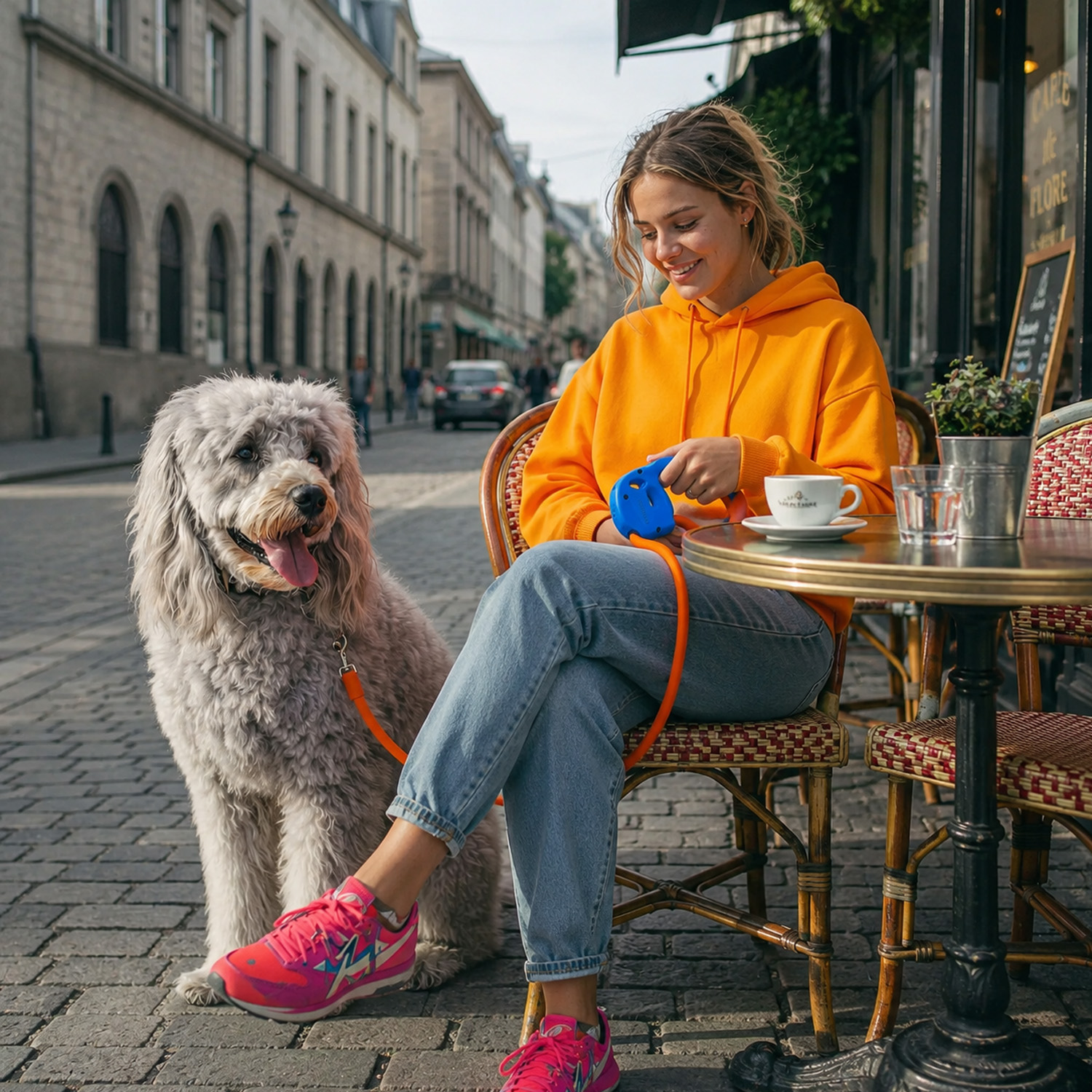 Una mujer con sudadera naranja está sentada en una cafetería al aire libre con su perro gris en una calle empedrada.