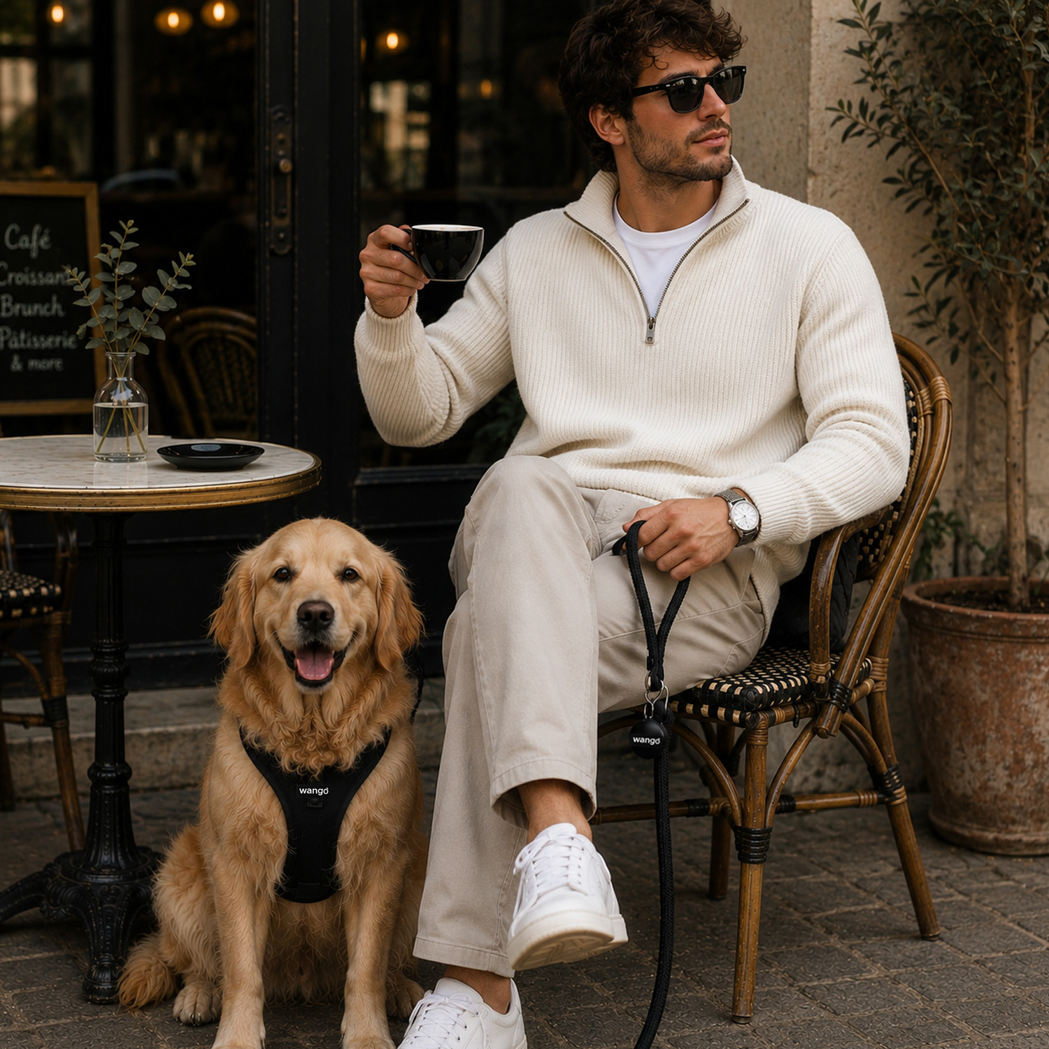 Un hombre con suéter blanco sostiene una taza de café sentado en una cafetería al aire libre con su golden retriever.
