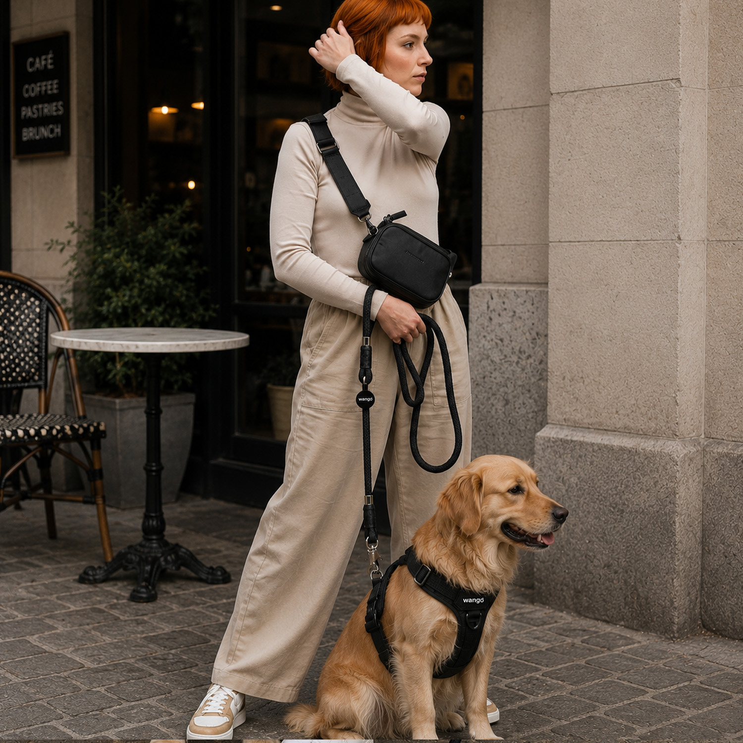 Mujer con cabello rojo y ropa beis está de pie frente a un café con un Golden Retriever con correa.