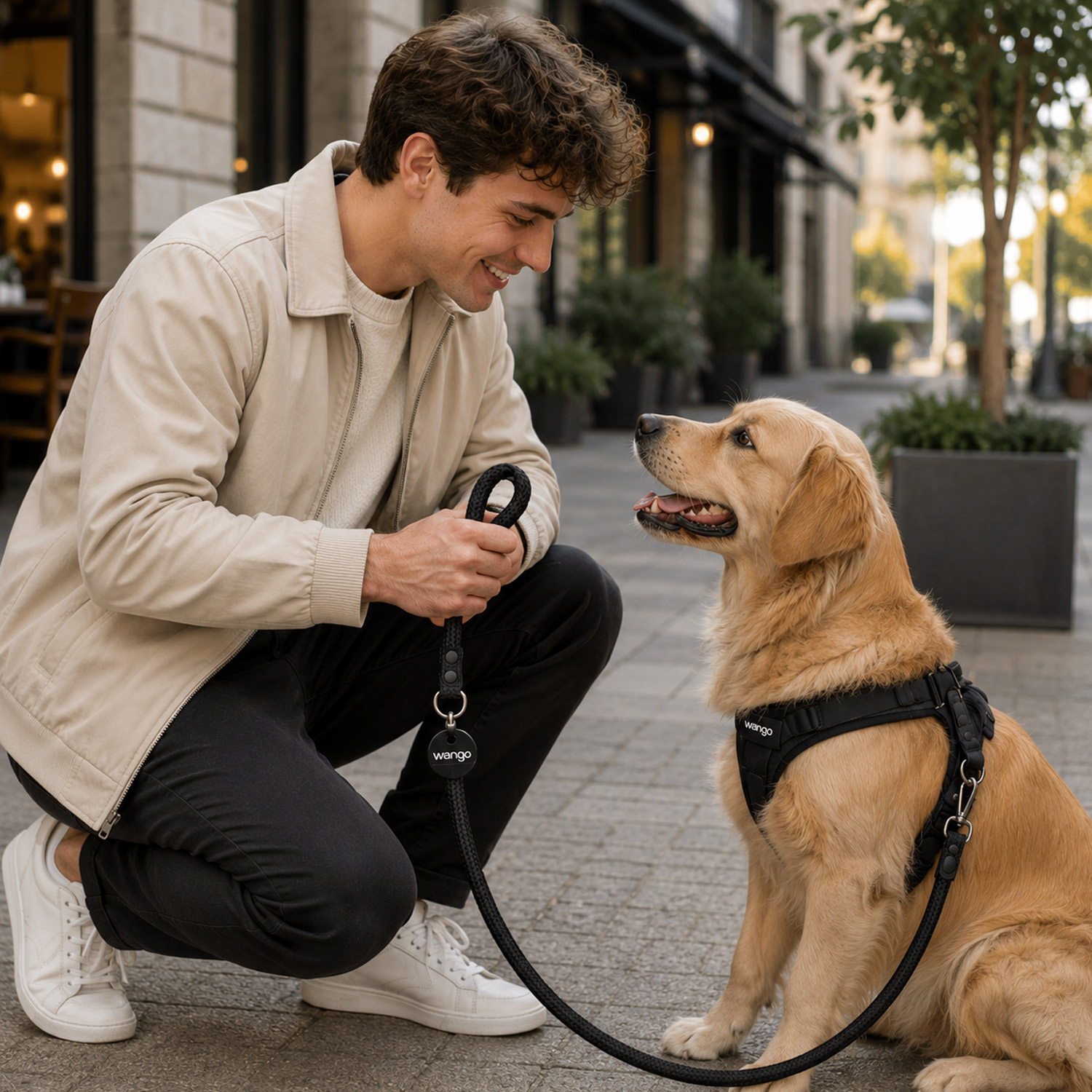 Un joven se arrodilla en una calle, sonriendo a un perro golden retriever que lleva un arnés negro.