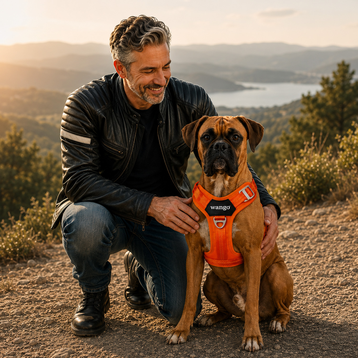 Un hombre con chaqueta de cuero se arrodilla junto a su perro bóxer con arnés naranja ante un paisaje montañoso.