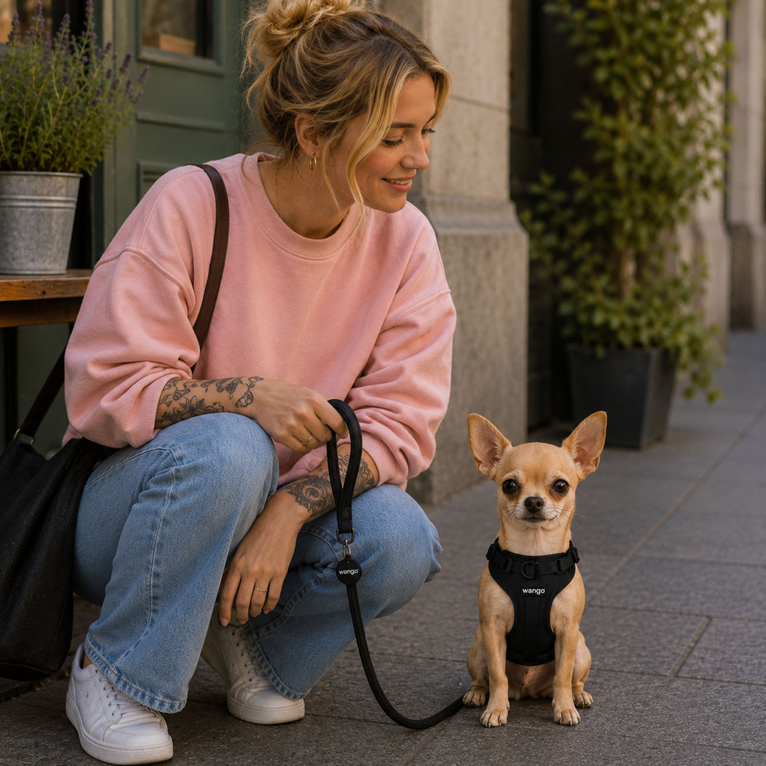 Una mujer rubia con suéter rosa se agacha en la acera sosteniendo la correa de un pequeño chihuahua con arnés negro.