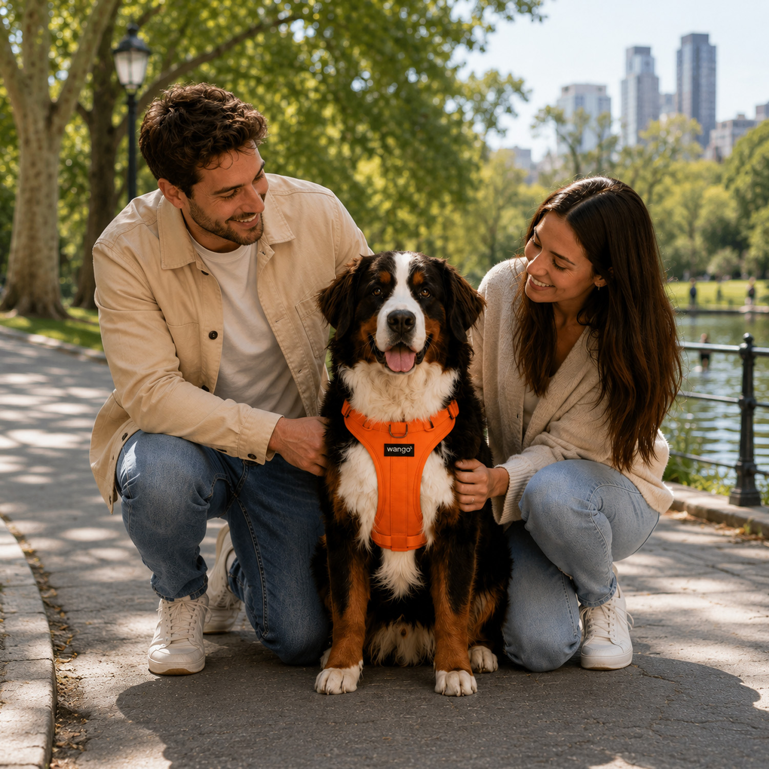 Una pareja sonriente se arrodilla junto a su perro boyero de Berna con arnés naranja en un parque soleado con ciudad al fondo.