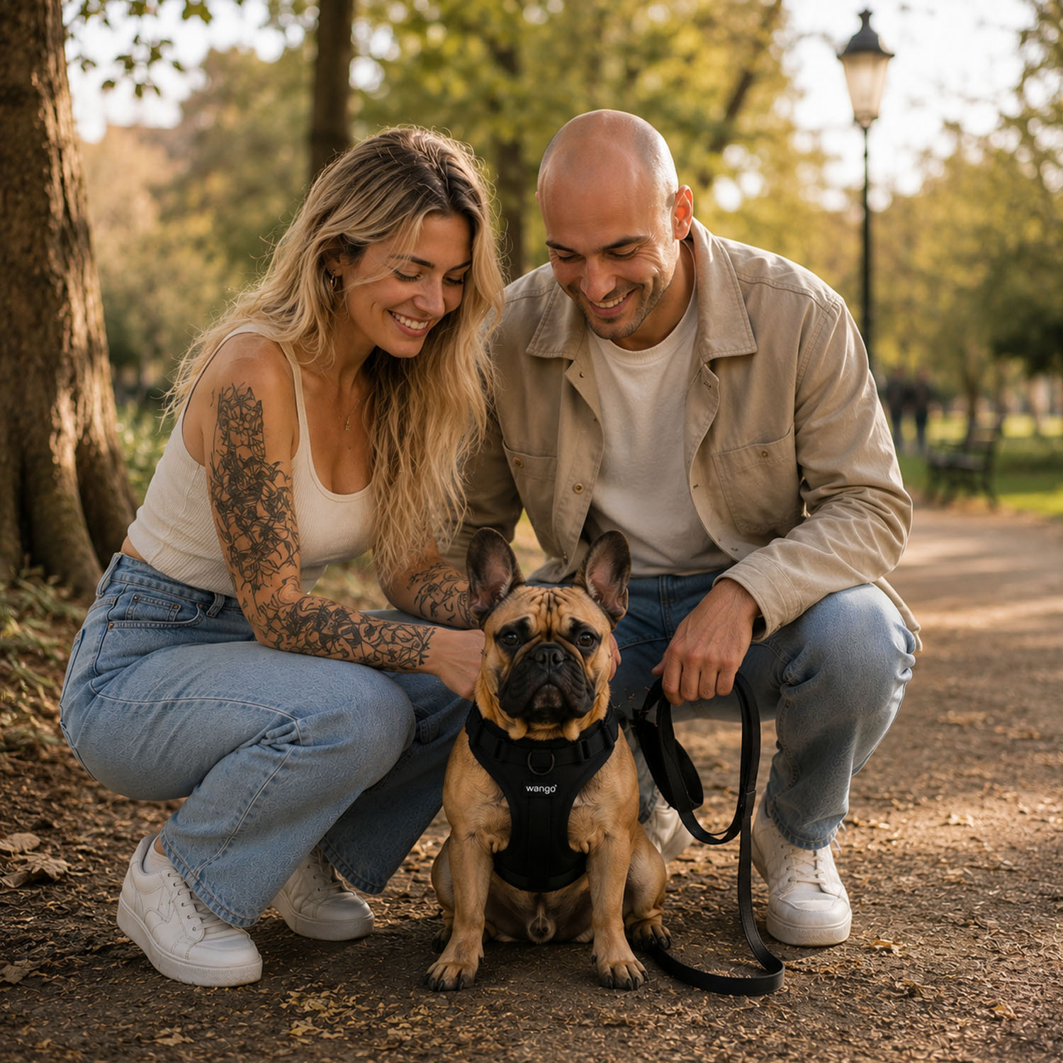 Una pareja feliz arrodillada en un parque con su bulldog francés con arnés.