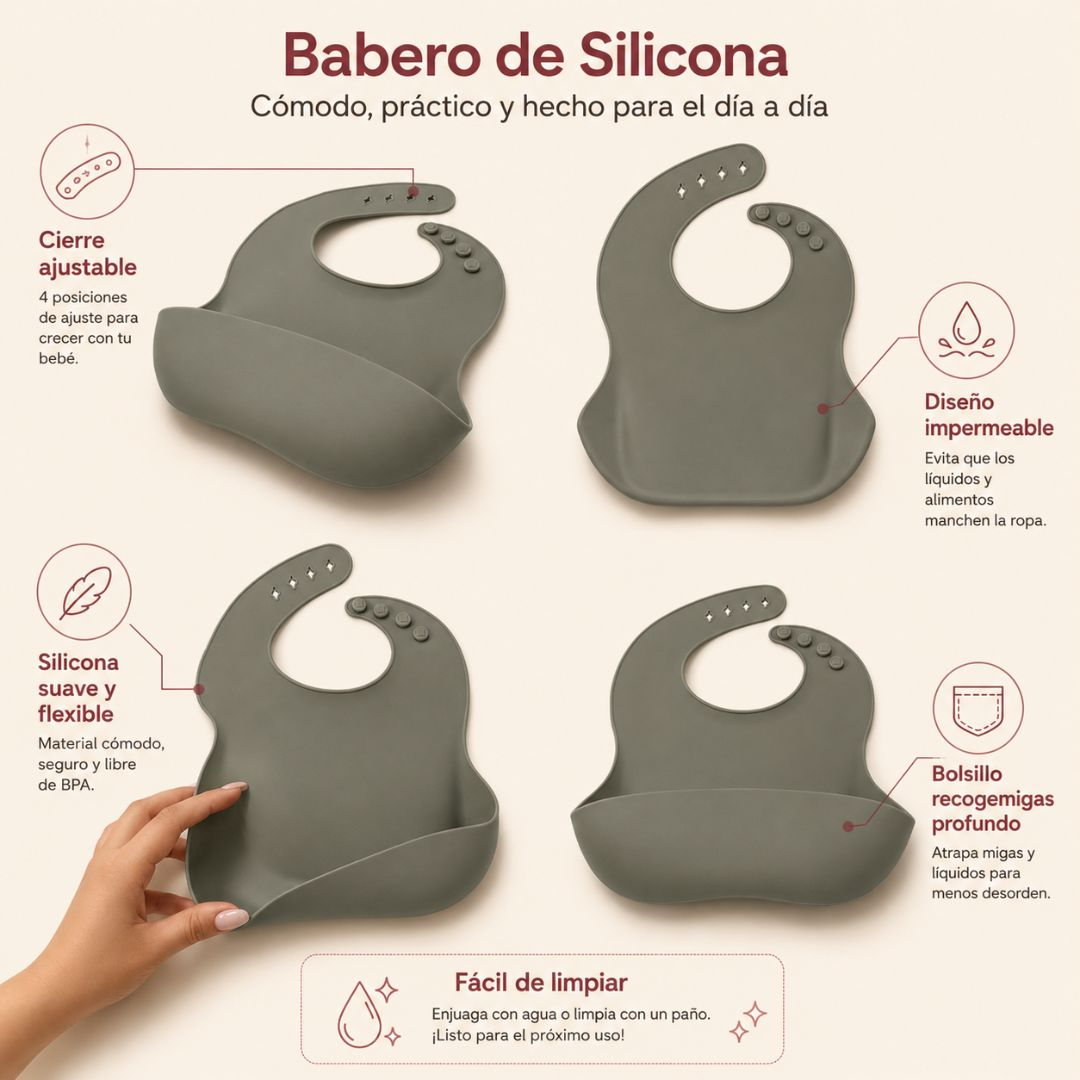 Babero de silicona gris que muestra características como cierre ajustable, diseño impermeable y bolsillo profundo.