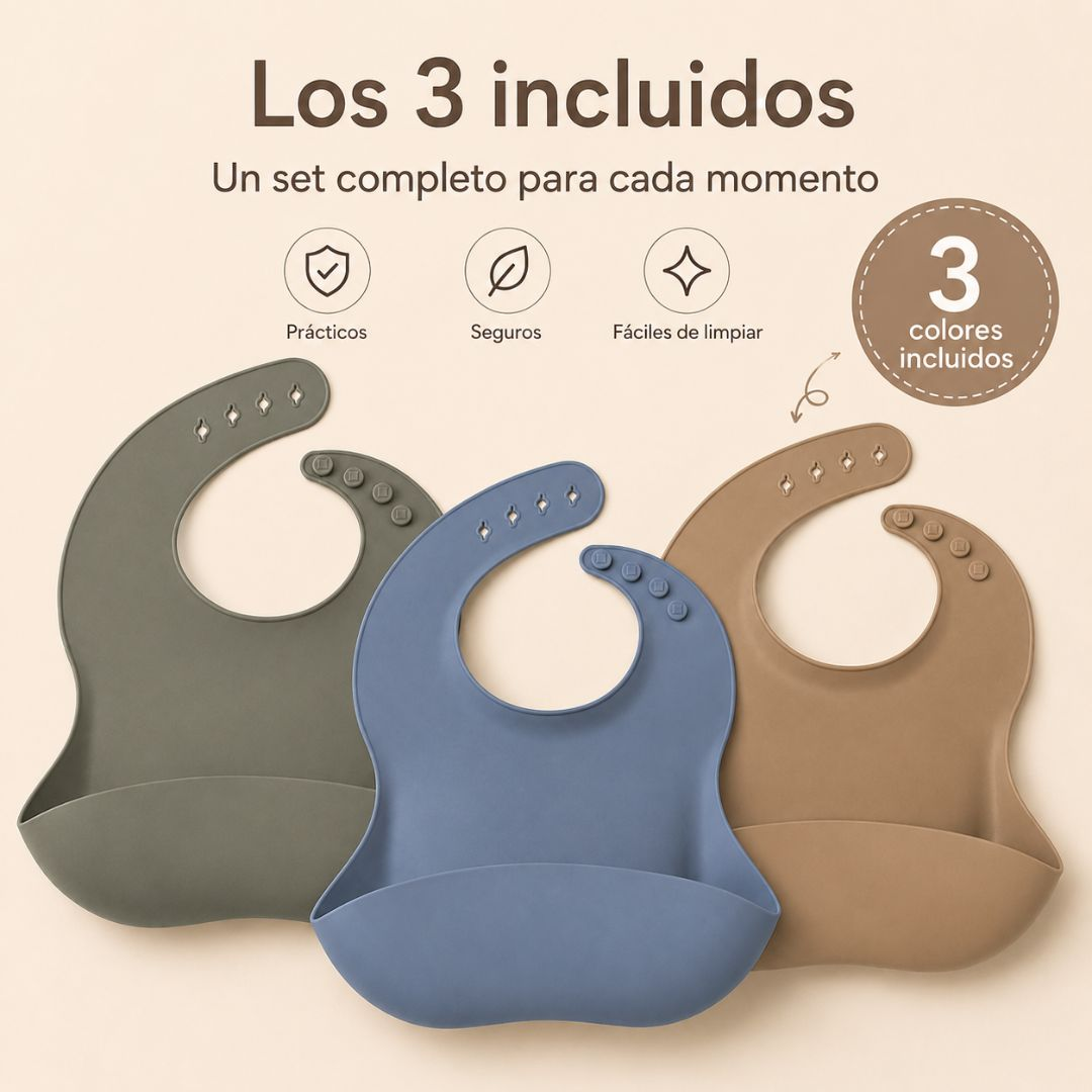 Tres baberos de silicona en verde oliva, azul y marrón con texto sobre fondo crema.
