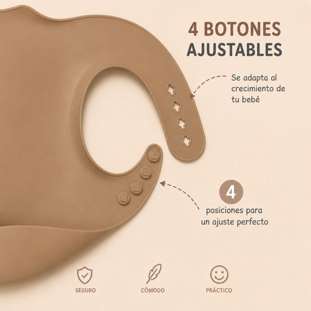 Babero de silicona marrón con cuatro botones ajustables e iconos de seguro, cómodo y práctico.