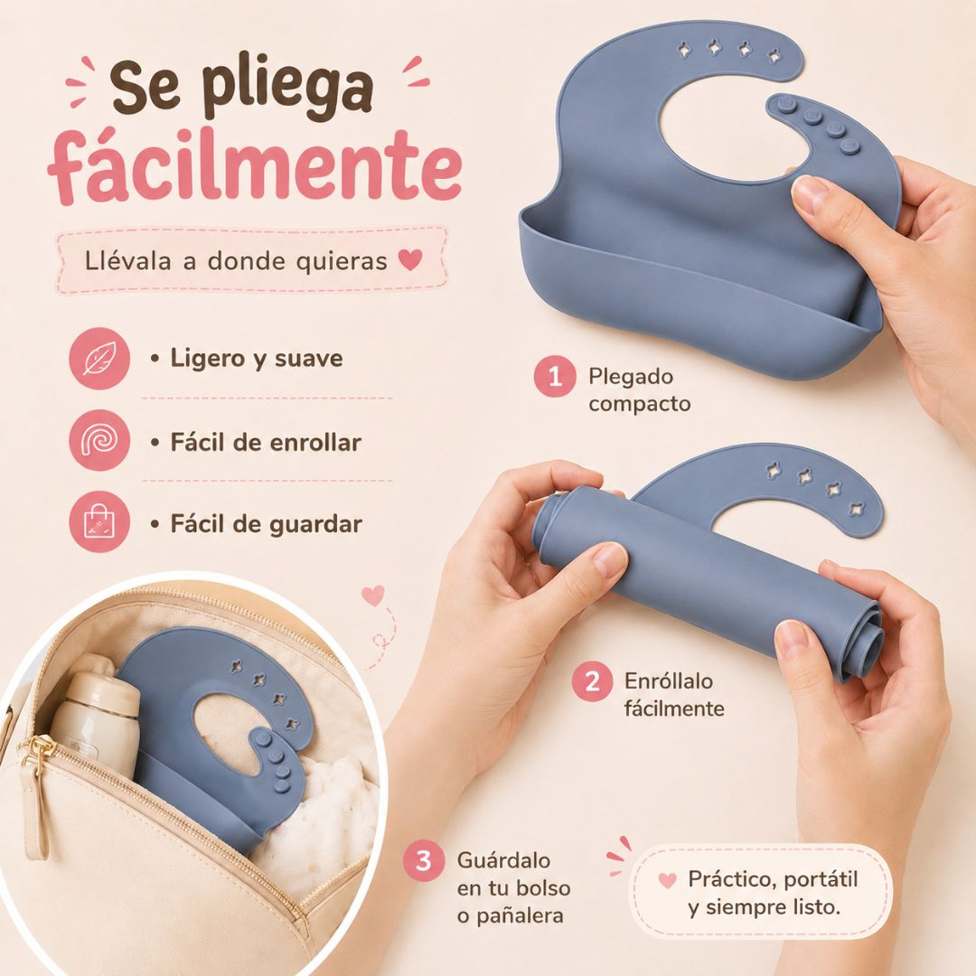 Babero de silicona azul que se pliega, enrolla y guarda fácilmente en un bolso.