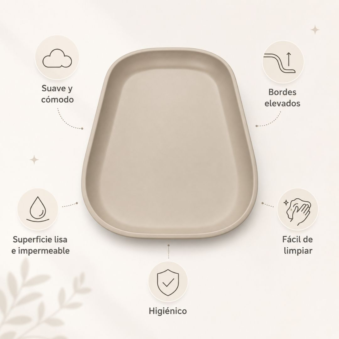 Cambiador de bebé beige con iconos que muestran características suaves, impermeables, bordes elevados y fácil limpieza.