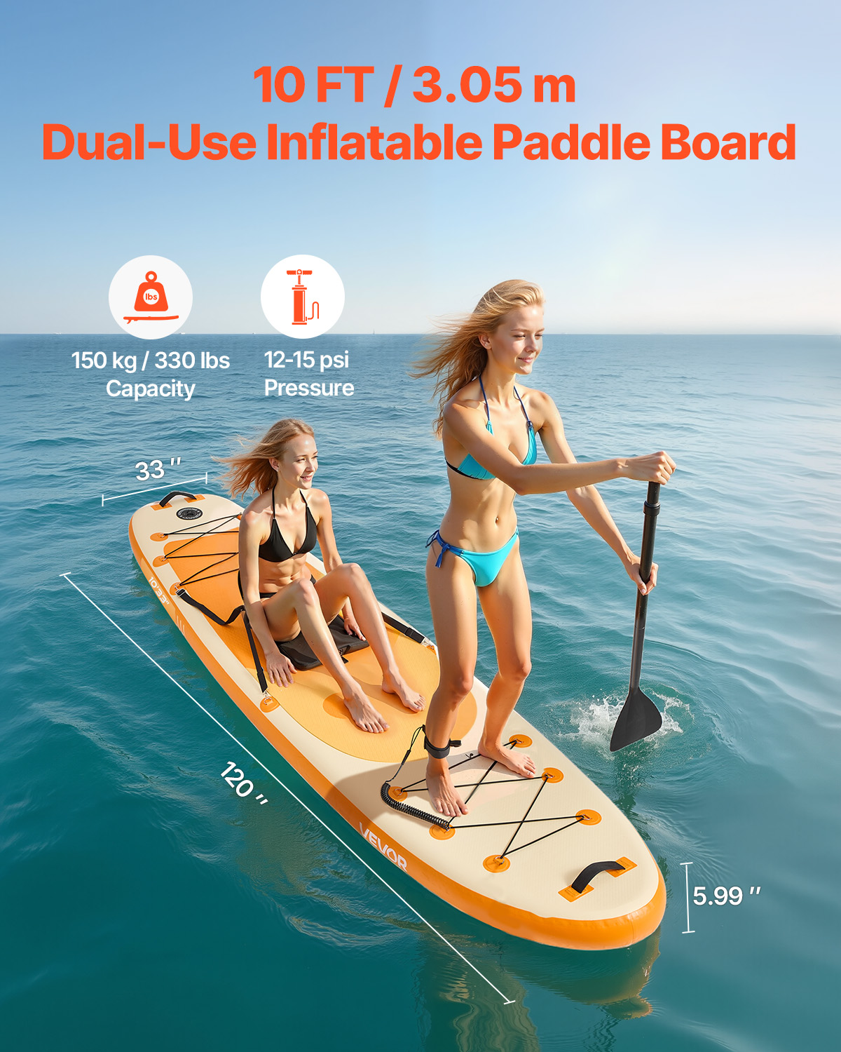 Dos mujeres en una tabla de paddle surf hinchable en el mar azul, con iconos y medidas.