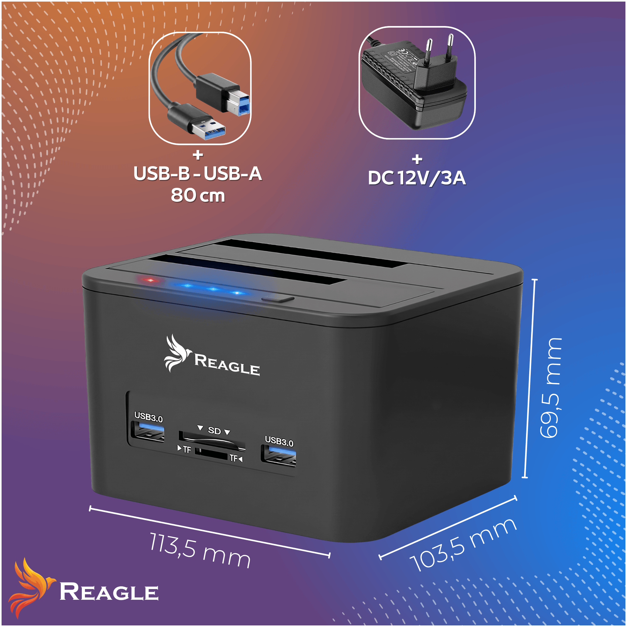 Schwarze Festplatten-Dockingstation mit USB-3.0-Anschlüssen, Kabel und Netzteil, inklusive Maßen.