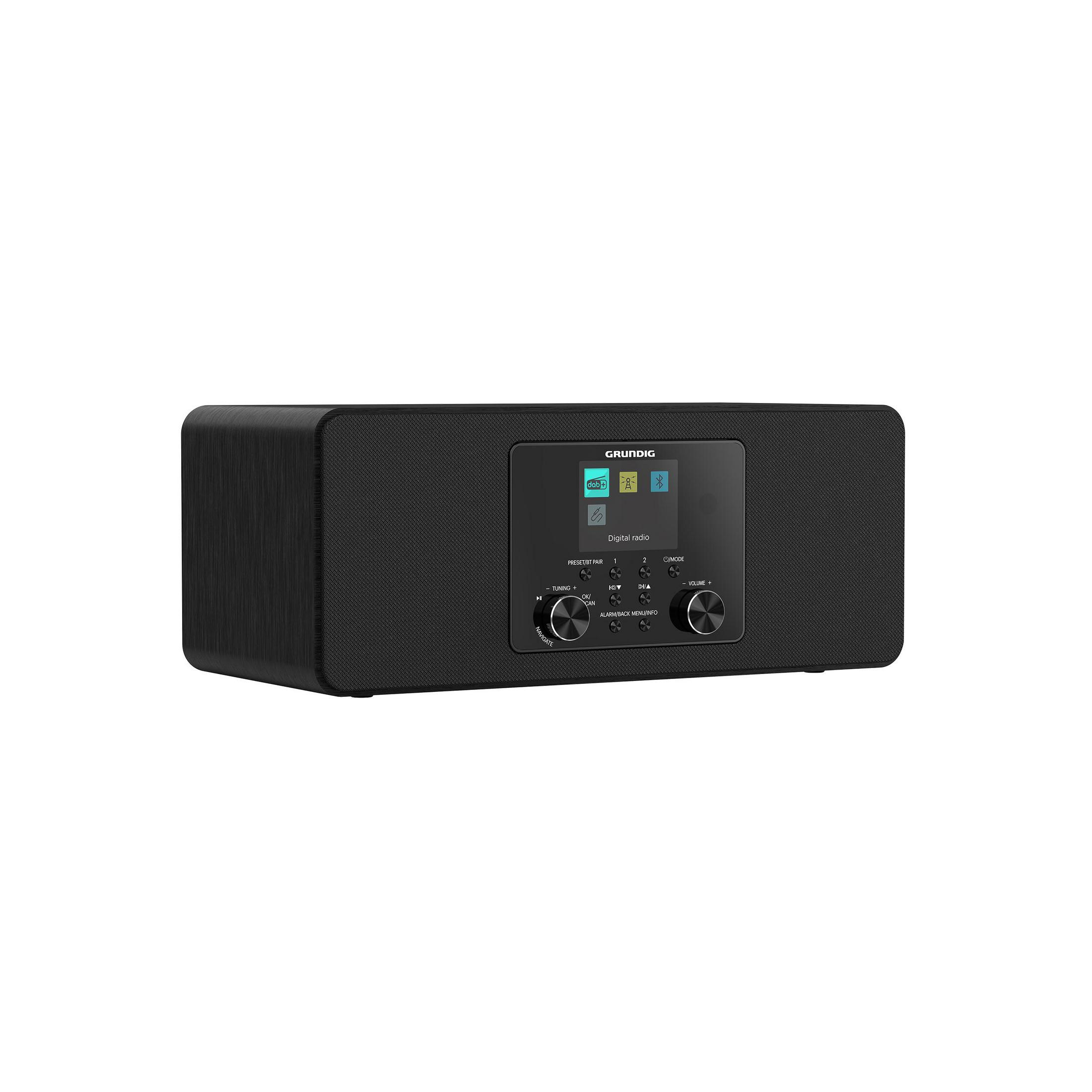 Schwarzes Digitalradio mit Zentraldisplay, Tasten und zwei Drehreglern auf der Vorderseite.