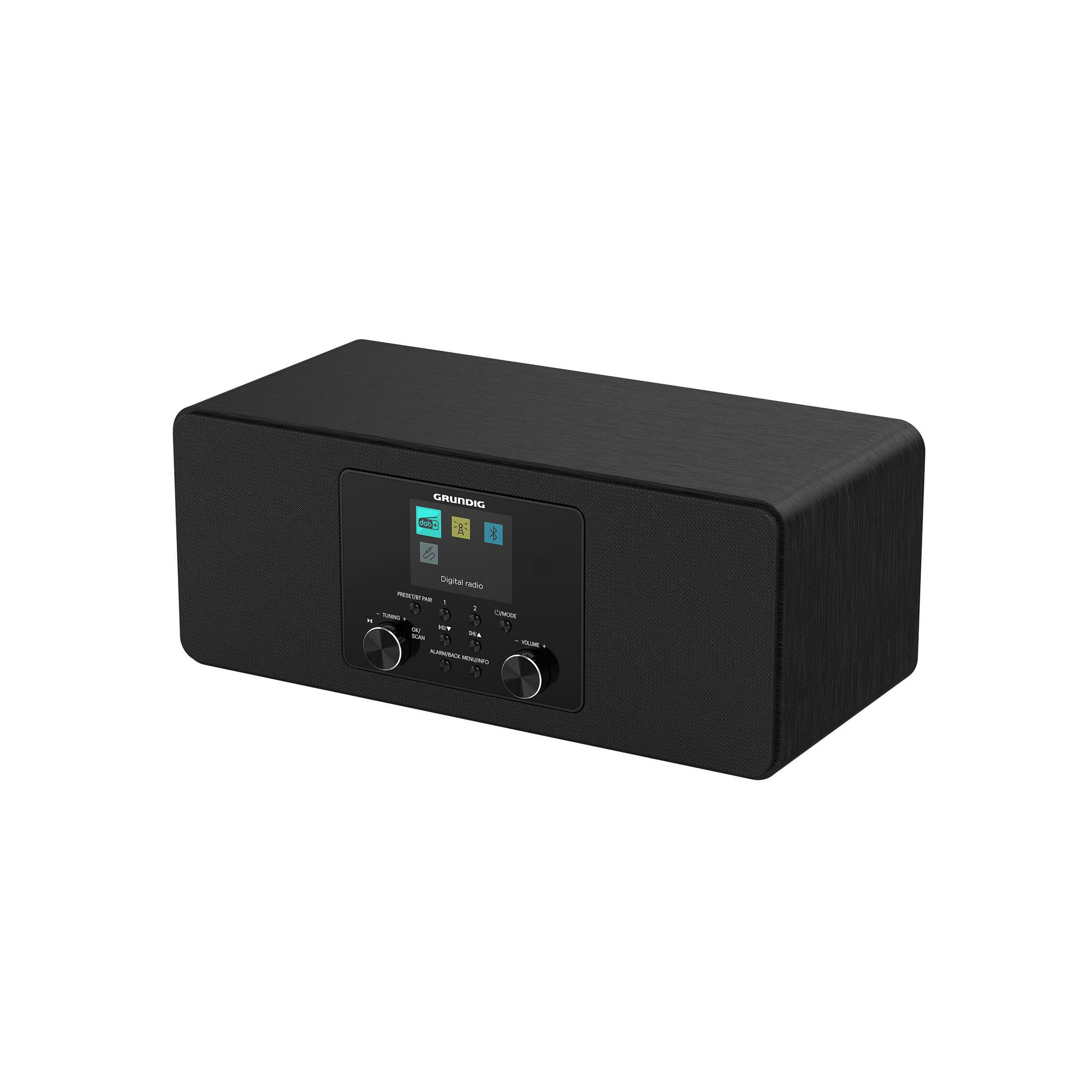 Ein schwarzes Grundig Digitalradio mit Display und Drehreglern auf einer weißen Oberfläche.