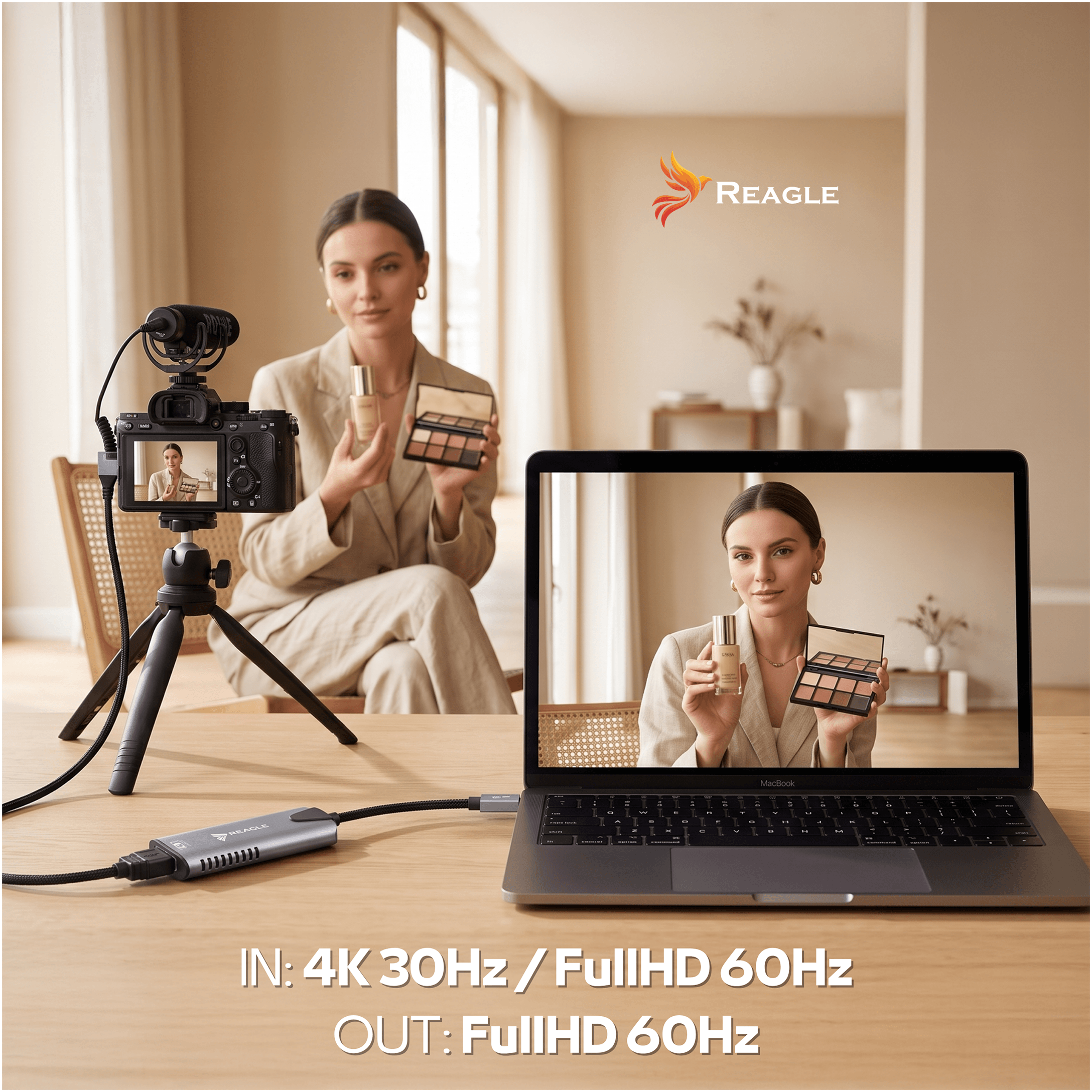 Una donna si riprende con una telecamera su treppiede e il feed viene mostrato su un laptop.
