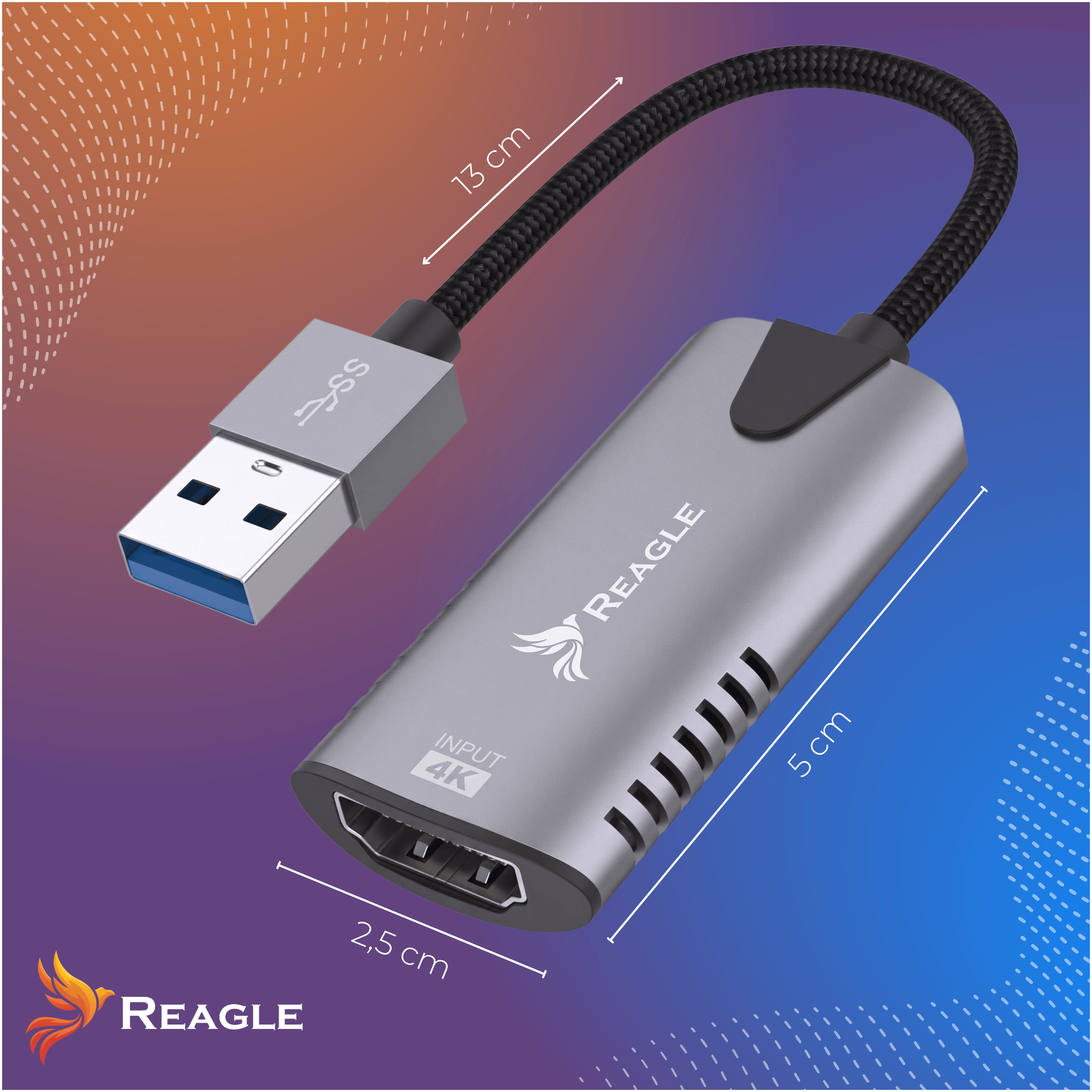 Adattatore USB a HDMI 4K Reagle argento con dimensioni etichettate.