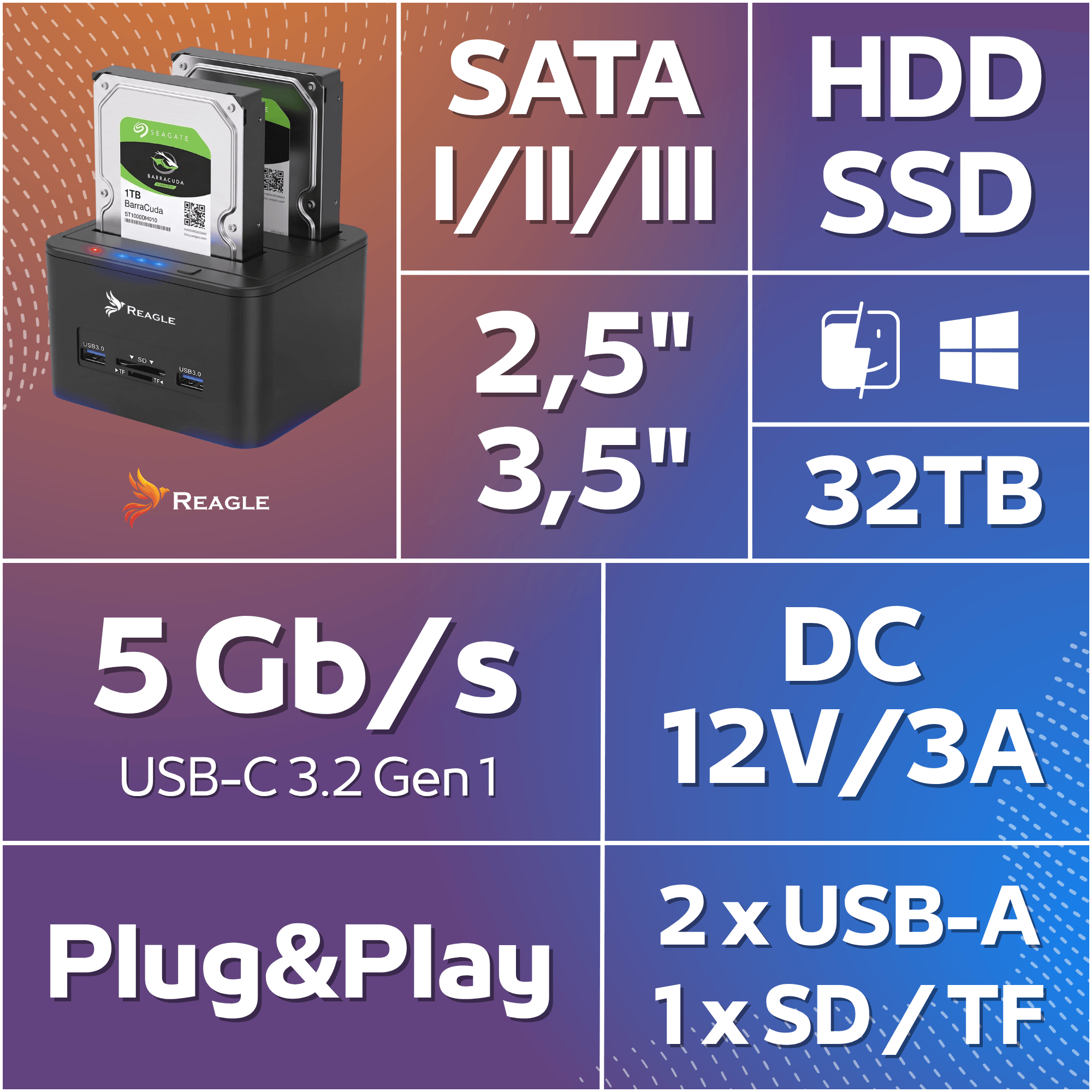 Festplatten-Dockingstation mit zwei Seagate-Festplatten und technischen Spezifikationen.