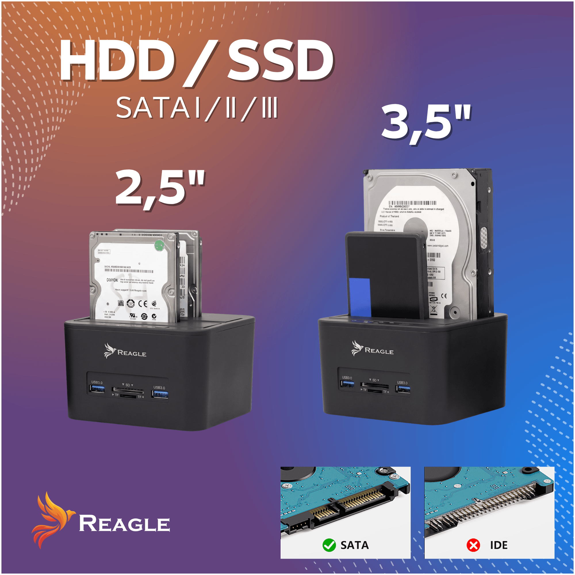 Zwei Reagle Festplatten-Dockingstationen für 2,5 und 3,5 Zoll SATA- und IDE-Laufwerke vor blauem Hintergrund.