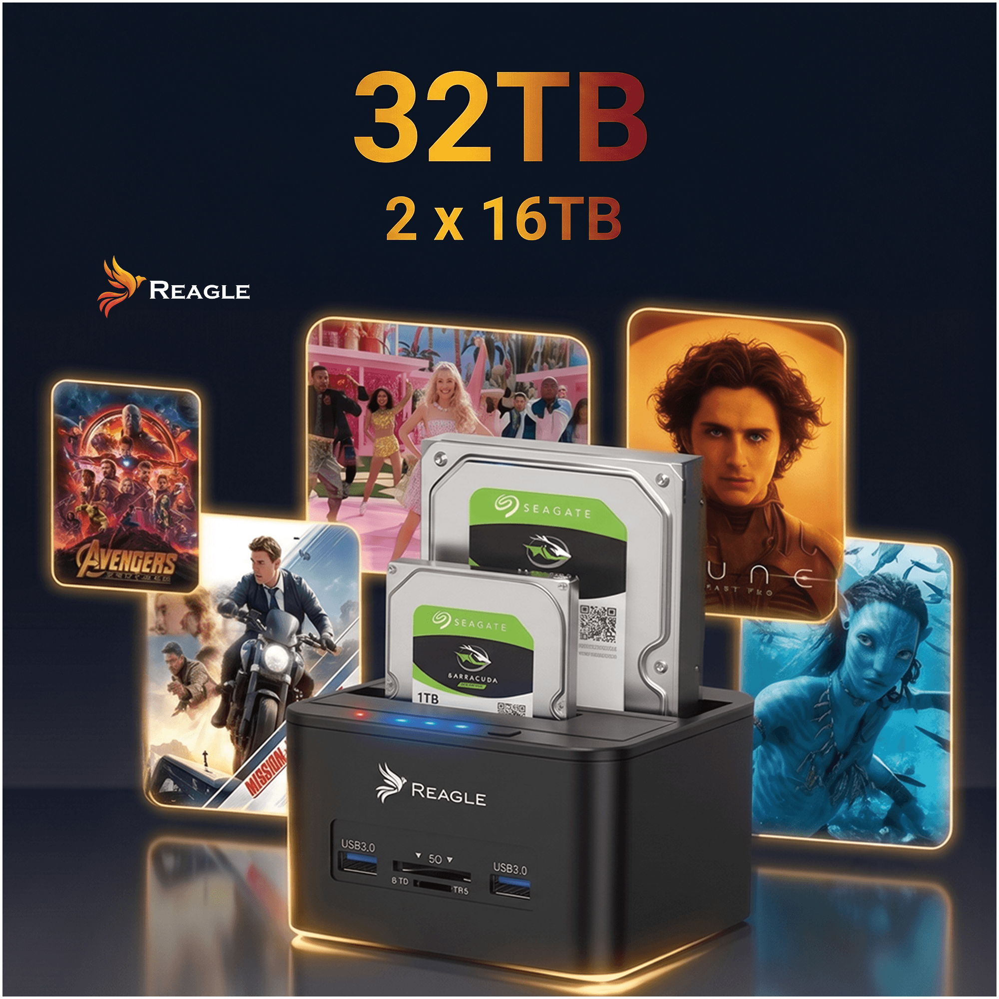 Reagle 32TB Dockingstation mit zwei Seagate Festplatten und Filmplakaten im Hintergrund.