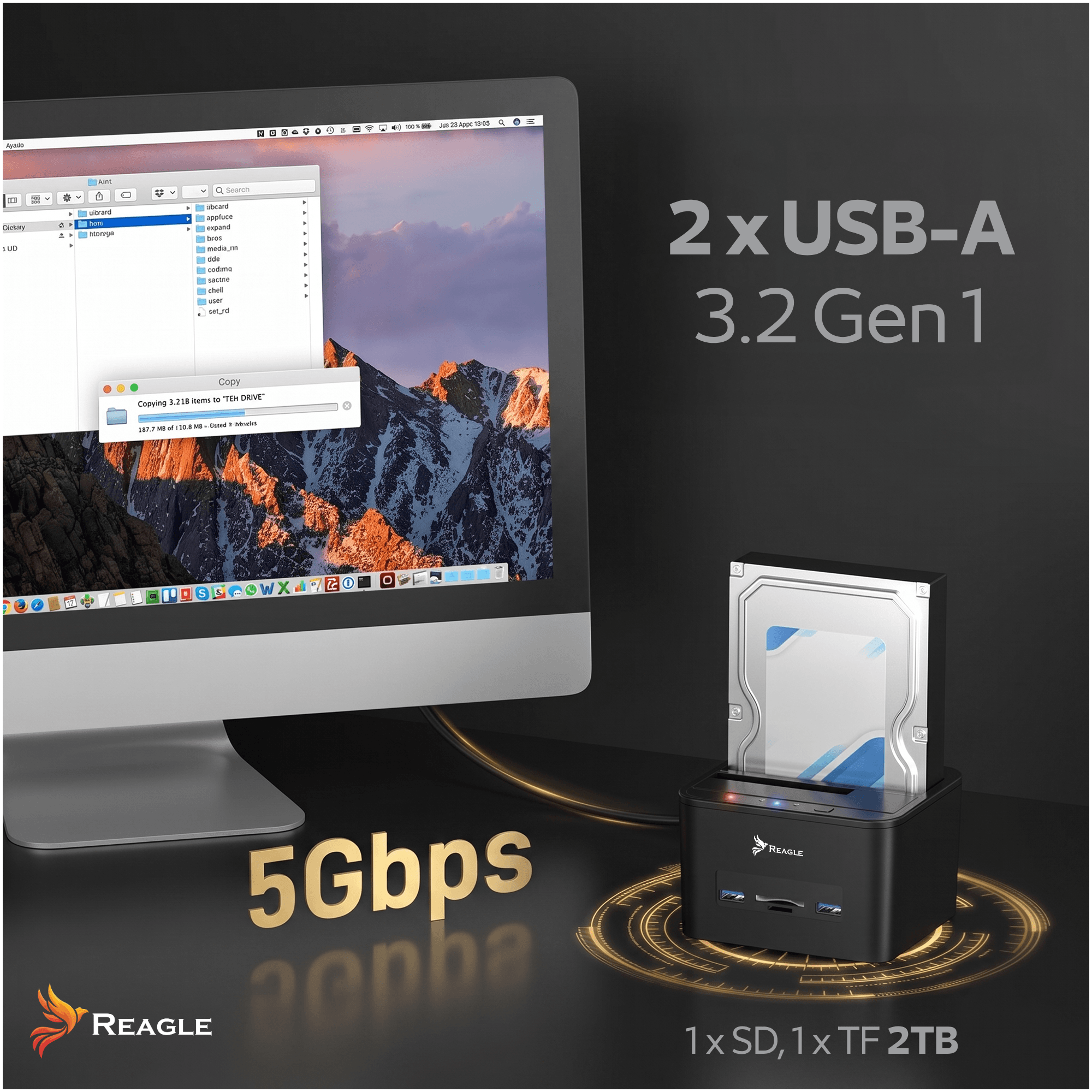 Eine HDD-Dockingstation verbunden mit einem Computer, mit Texten wie 5Gbps und 2 x USB-A 3.2 Gen 1.