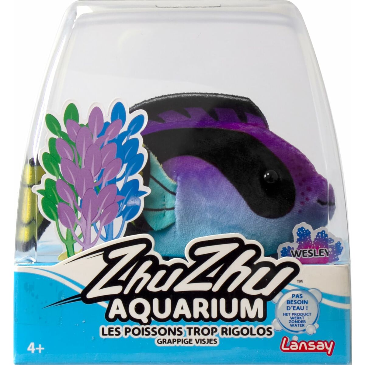 Pez de juguete de peluche Zhu Zhu Aquarium en su envase de plástico transparente con recortes de plantas de colores.