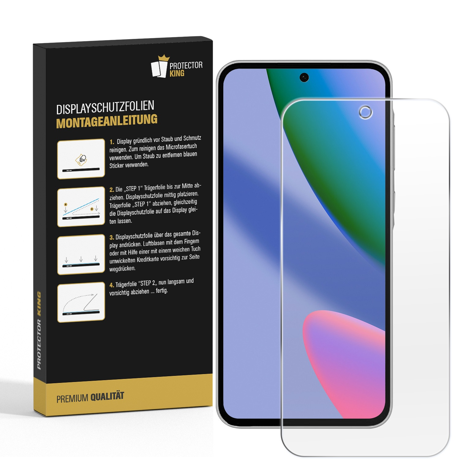 Displayschutzfolie neben seiner Verpackung mit Montageanleitung auf schwarzem Grund.