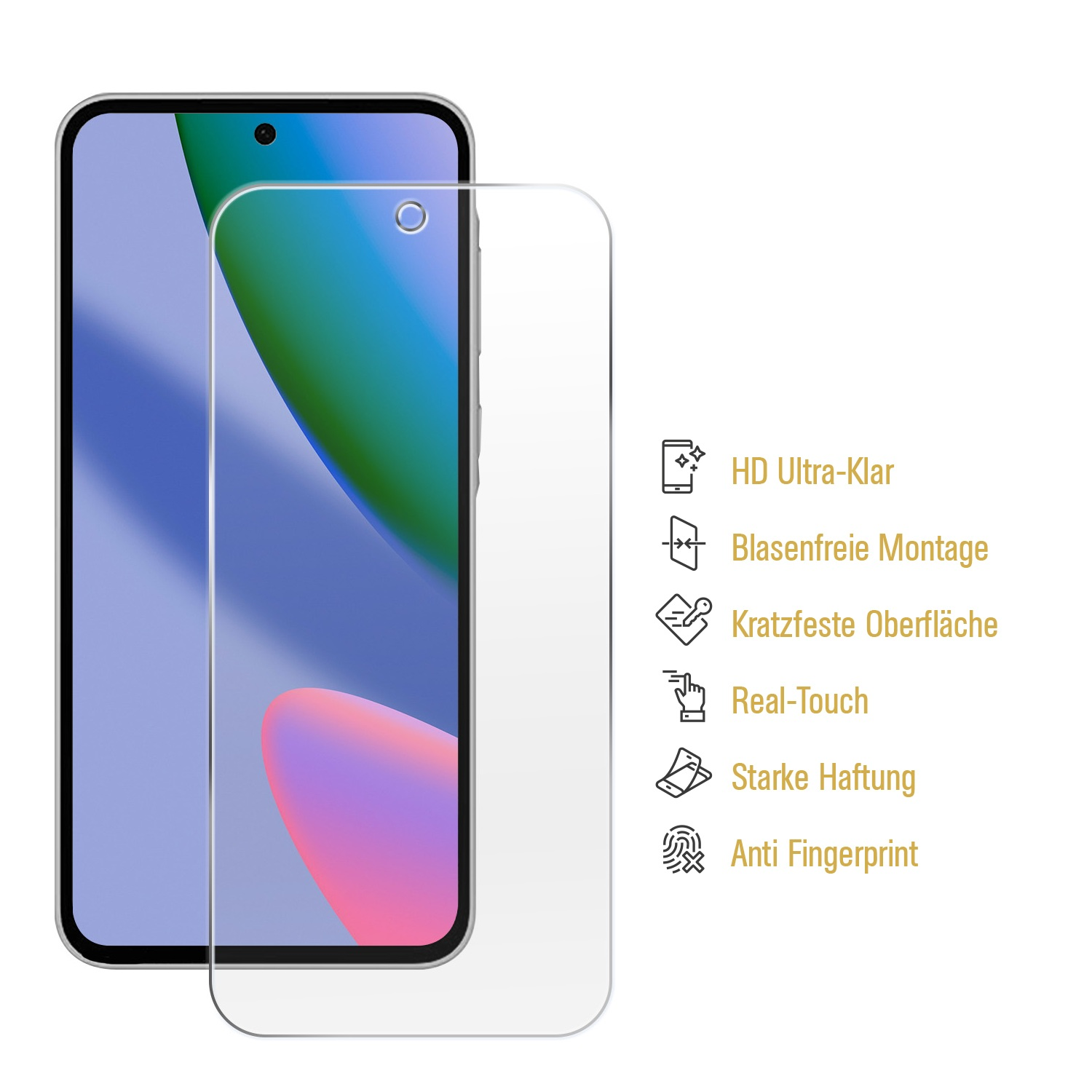 Smartphone mit Schutzglas und Produktvorteilen auf der rechten Seite.