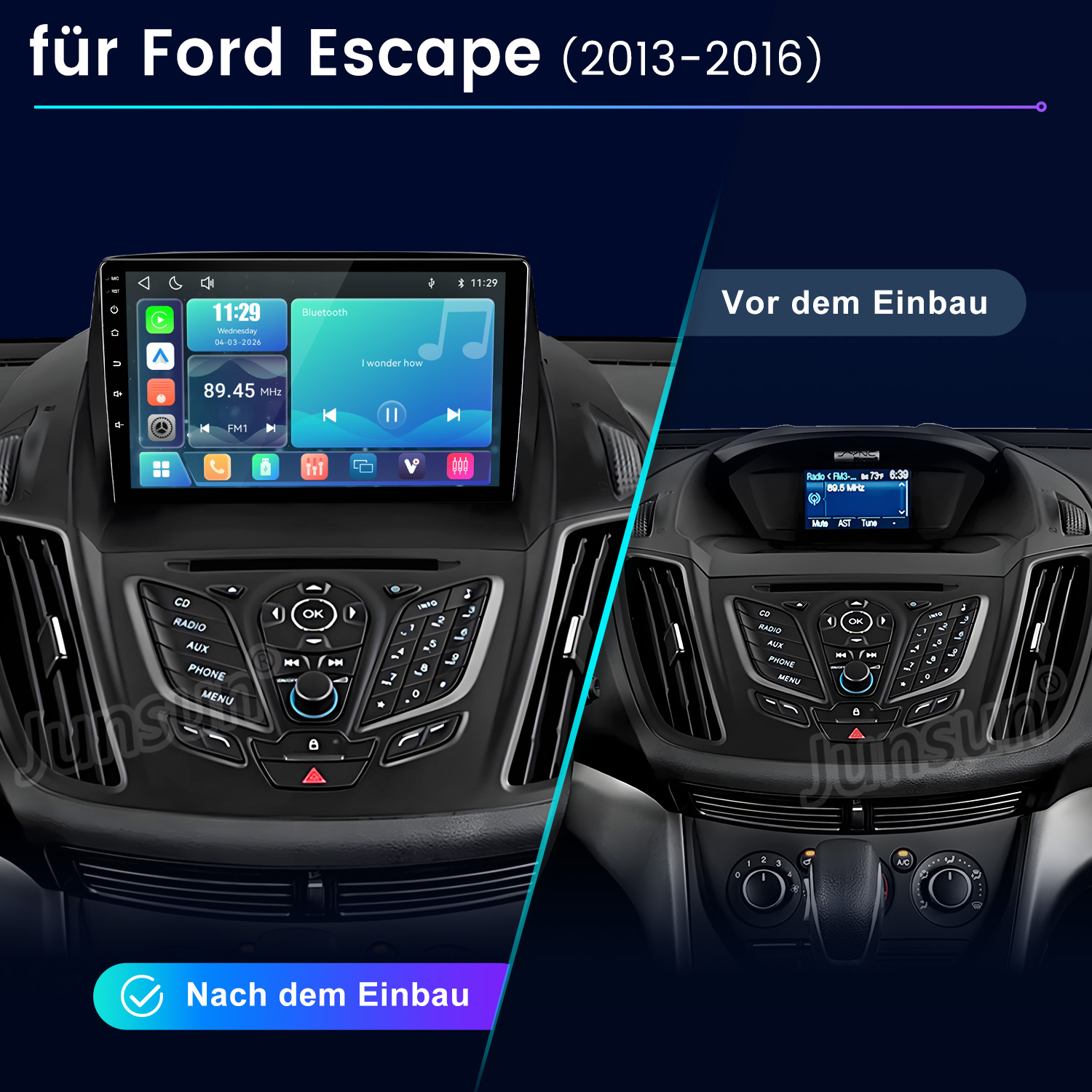 Vergleich des Ford Escape-Armaturenbretts vor und nach dem Einbau eines modernen Touchscreen-Infotainmentsystems.
