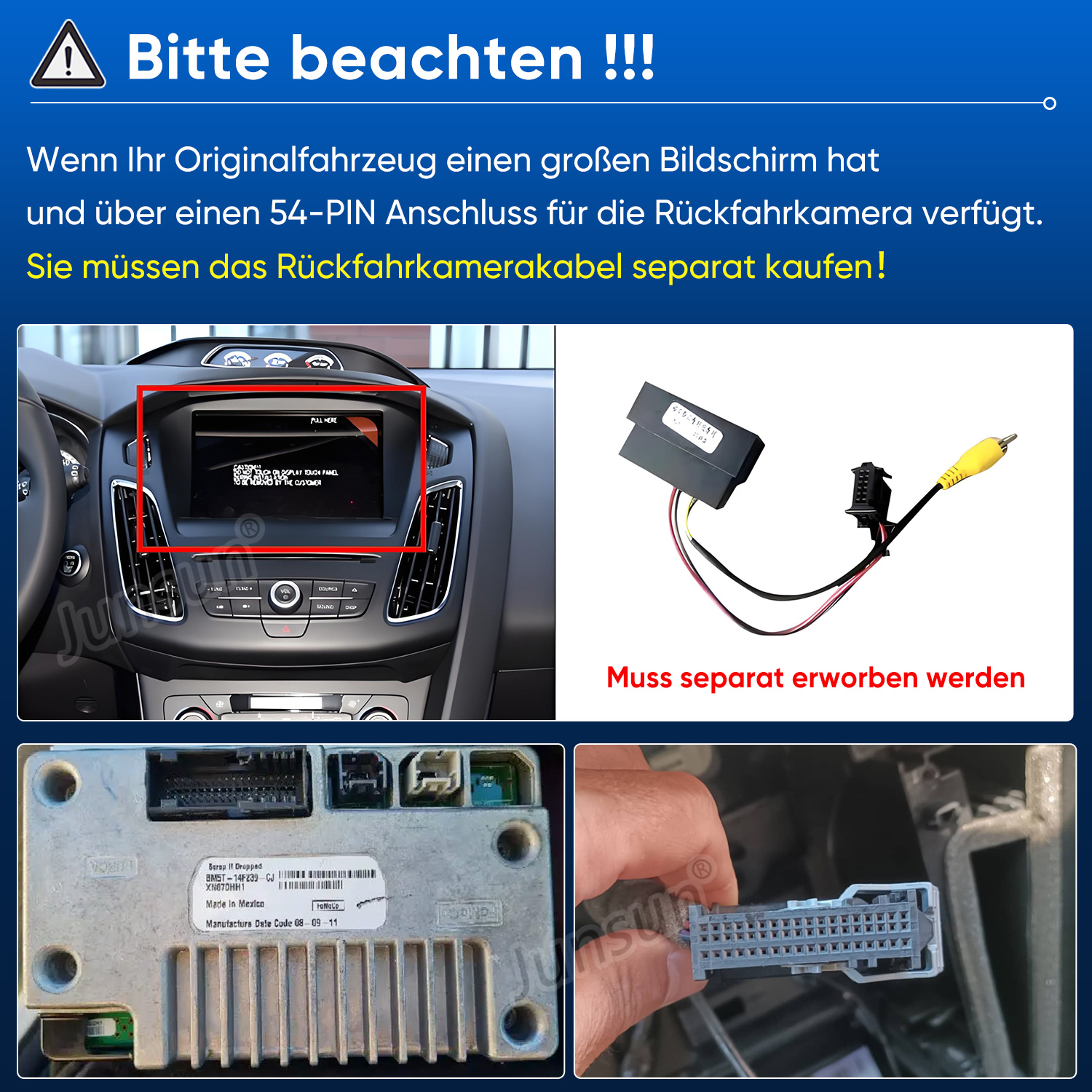 Hinweistext auf Deutsch mit vier Bildern zu einem 54-PIN-Anschluss für die Rückfahrkamera und separat zu kaufendem Kabel.