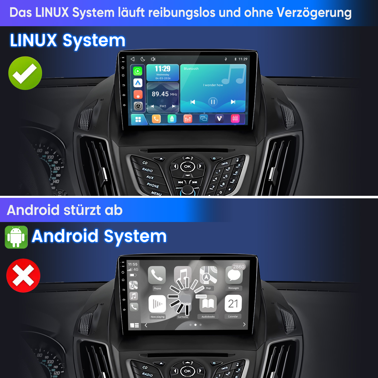 Vergleich des reibungslos laufenden Linux-Autosystems und des abstürzenden Android-Systems.