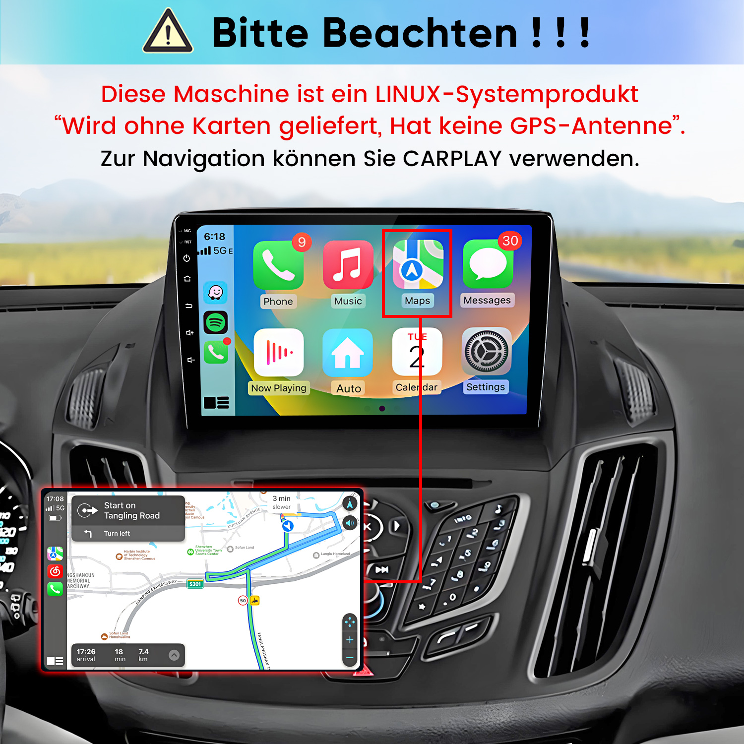 Linux-Autoradio-Bildschirm mit CarPlay-Benutzeroberfläche und Warnhinweis.