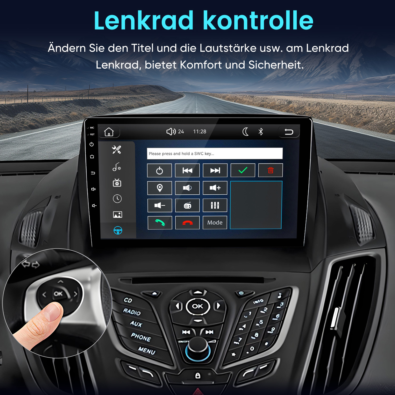 Autobildschirm zeigt Lenkradsteuerungseinstellungen, unten links berührt ein Finger Lenkradtasten.