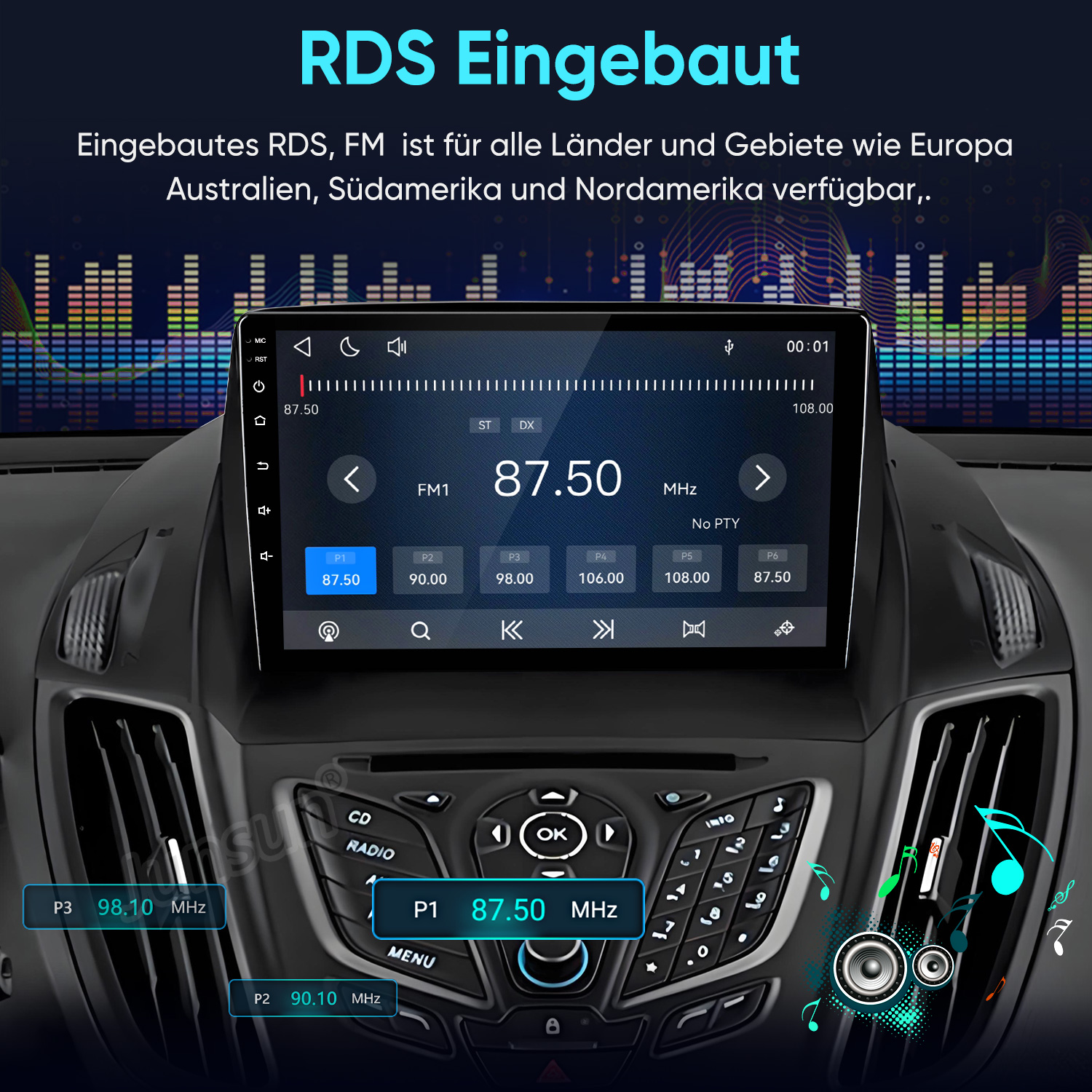 Ein Auto-Armaturenbrett mit einem digitalen Touchscreen, das eine Radiofrequenz von 87,50 MHz mit RDS anzeigt.