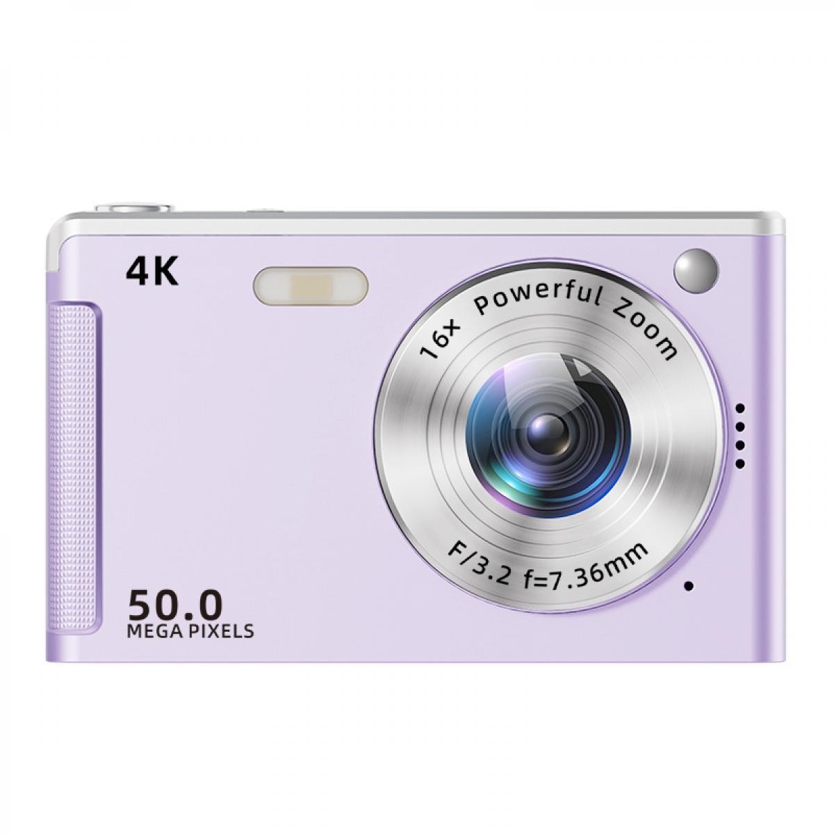 Eine kompakte, helle lila Digitalkamera mit großem Silber-Objektiv, Aufschriften wie 4K und 50.0 Mega Pixels.