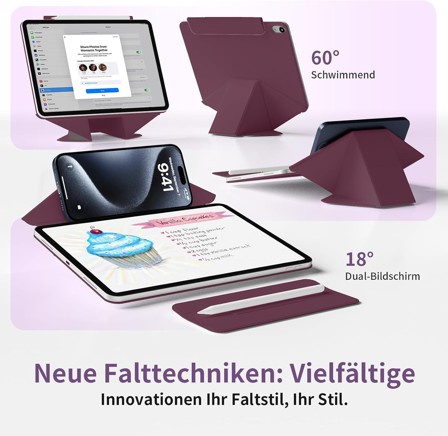 Ein violetter Klappständer für Tablets und Smartphones mit verschiedenen Winkeln und einem Eingabestift.