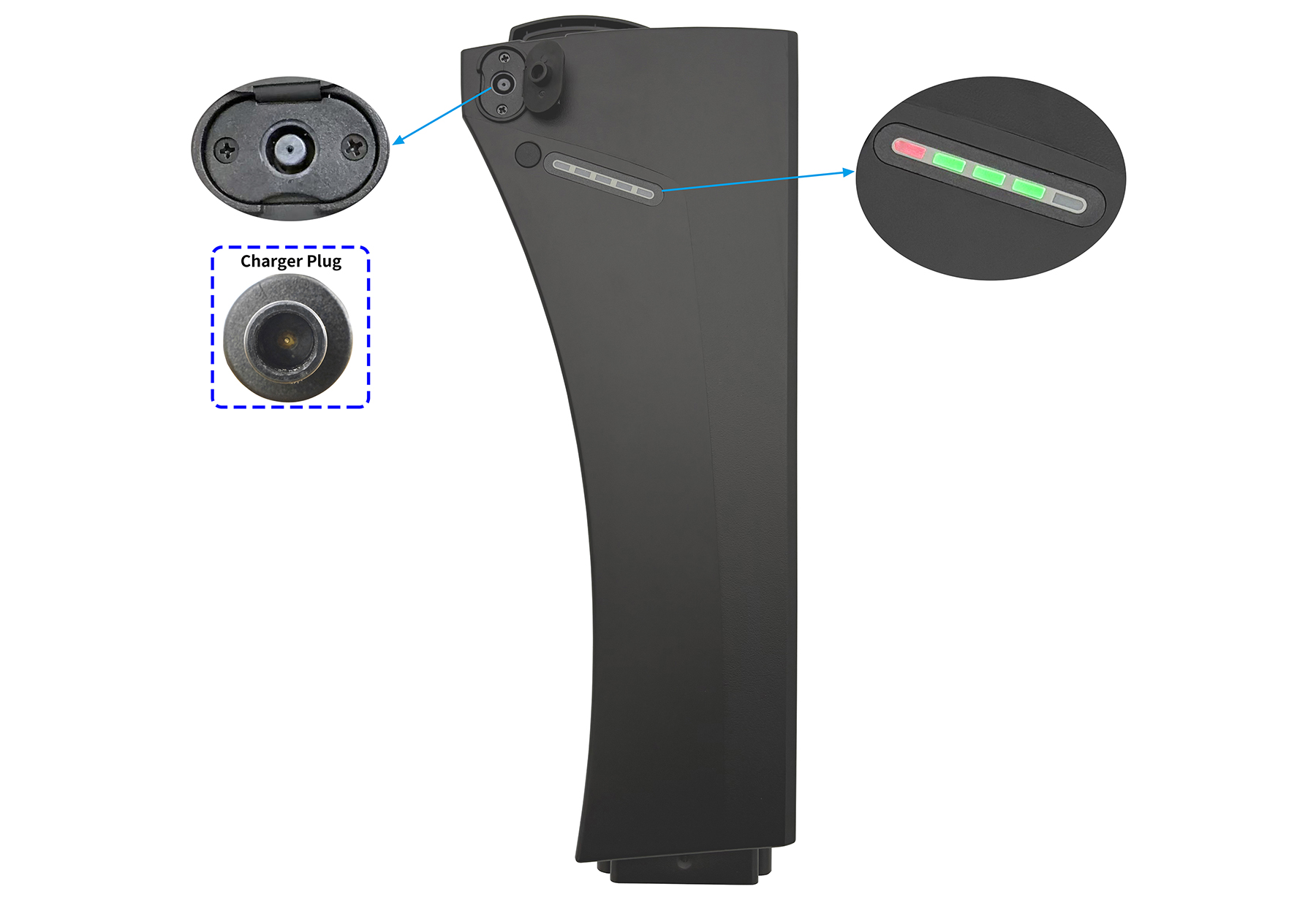 Schwarzer E-Bike-Akku mit Ladeanschluss, Ladeanzeige und Stecker.