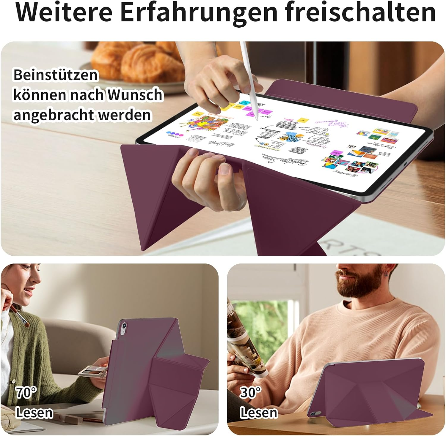 Ein lila Tablet-Ständer mit verschiedenen Blickwinkeln zum Schreiben und Lesen.