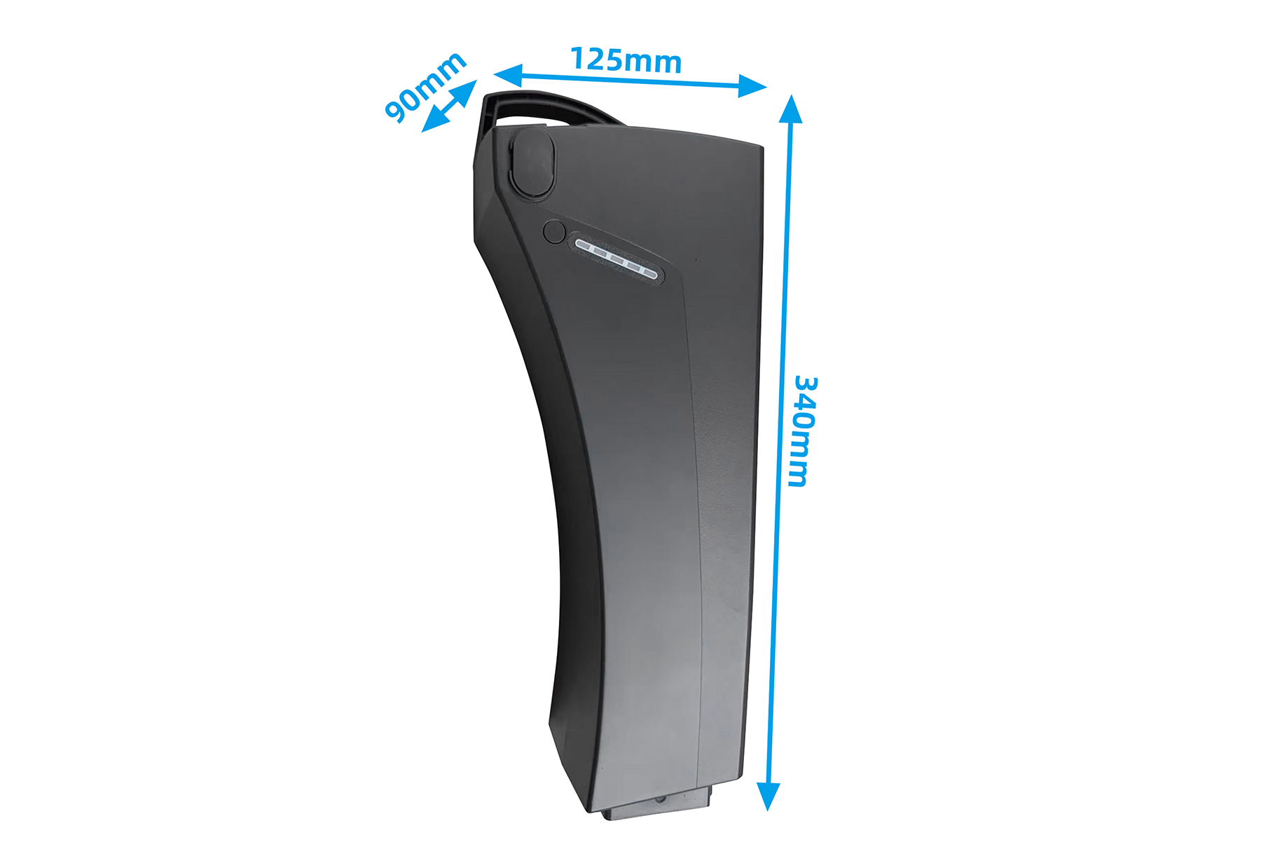 Schwarzer E-Bike-Akku mit Maßangaben von 340mm, 125mm und 90mm.