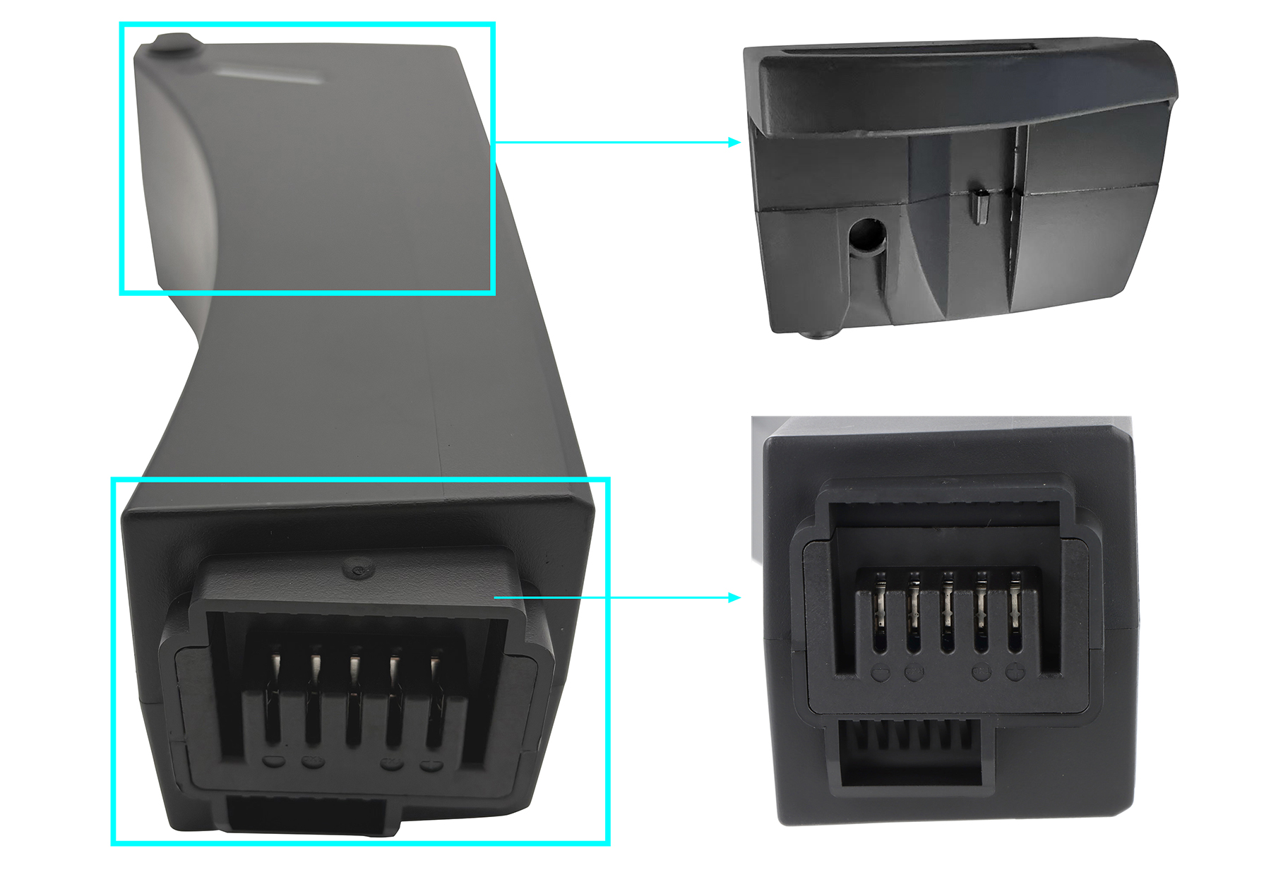 Schwarzes elektronisches Bauteil mit elektrischen Pins und Detailansichten in Großaufnahme.