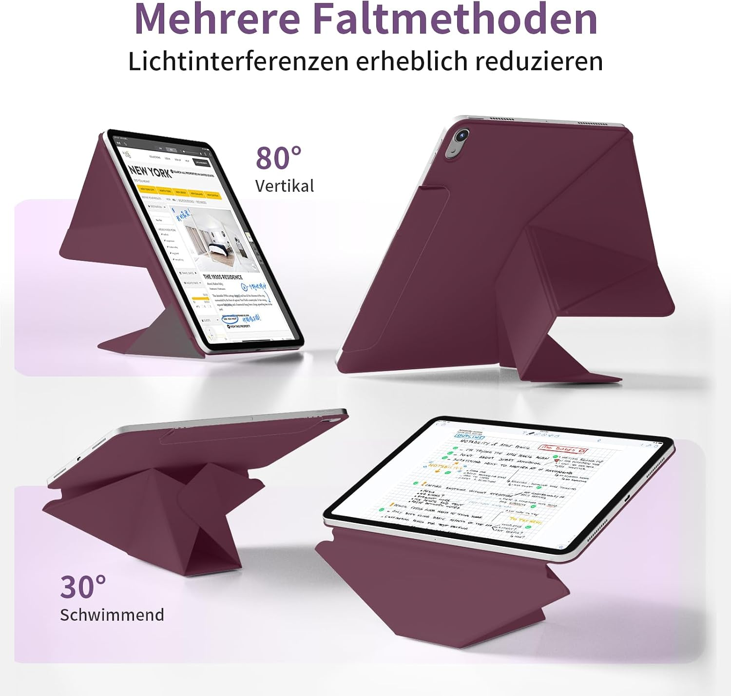 Vier Ansichten eines Tablets in einem violetten Klappetui, das verschiedene Aufstellwinkel zeigt.