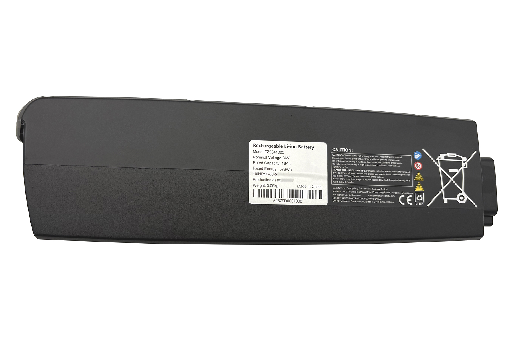 Schwarze, wiederaufladbare Lithium-Ionen-Batterie mit technischen Spezifikationen und Sicherheitshinweisen auf einem Aufkleber.