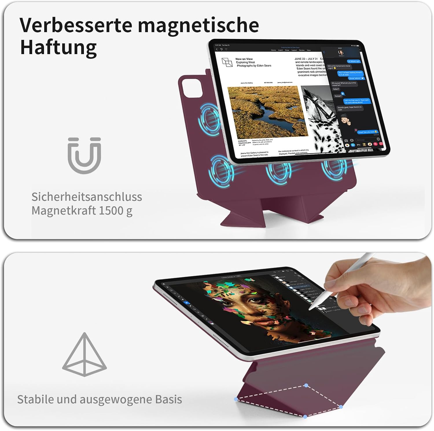 Ein Tablet in einer magentafarbenen Hülle mit starker Magnetkraft und stabiler Basis.