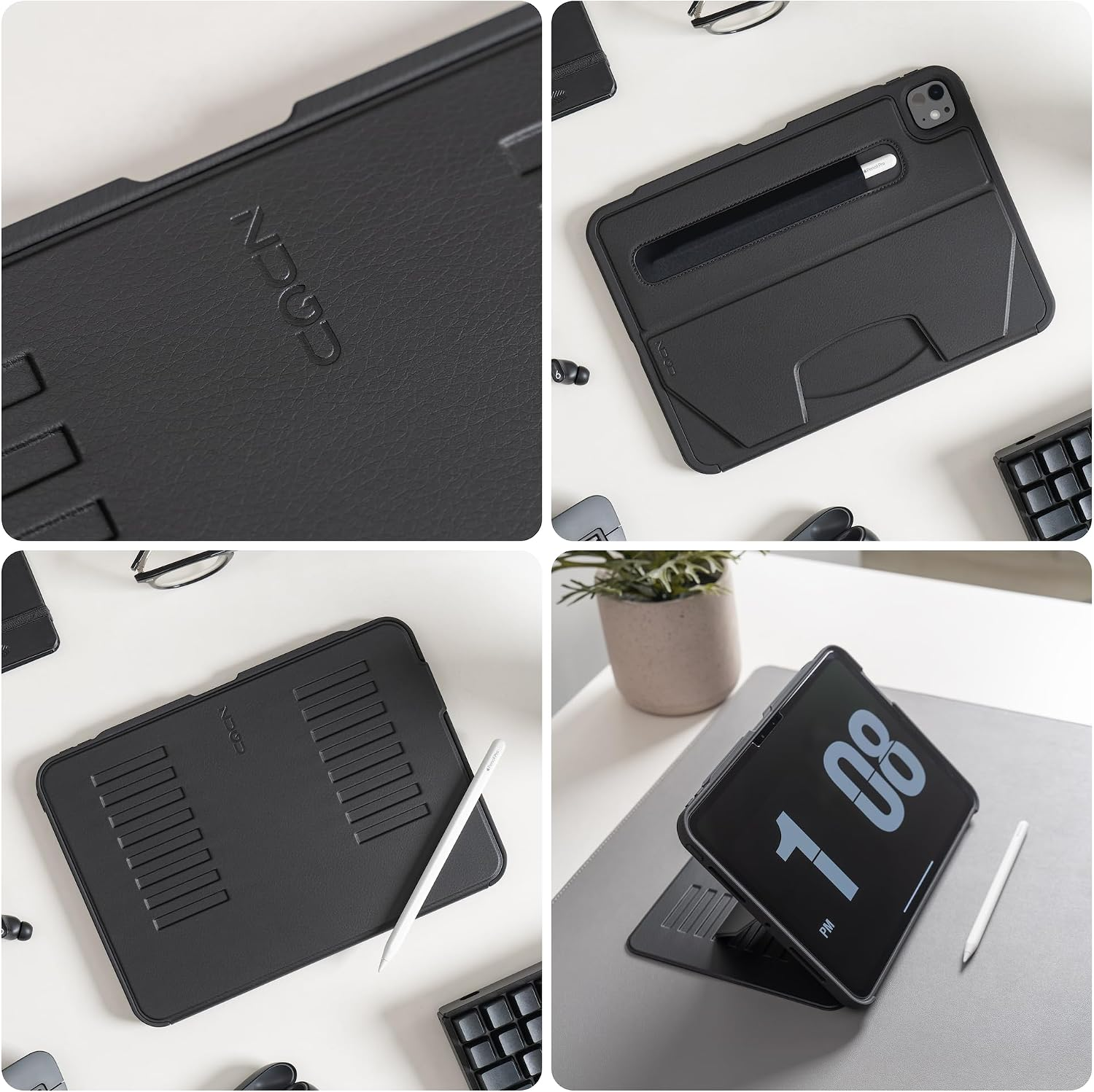 Vier Ansichten einer schwarzen Tablet-Hülle mit Stift auf einem Schreibtisch.