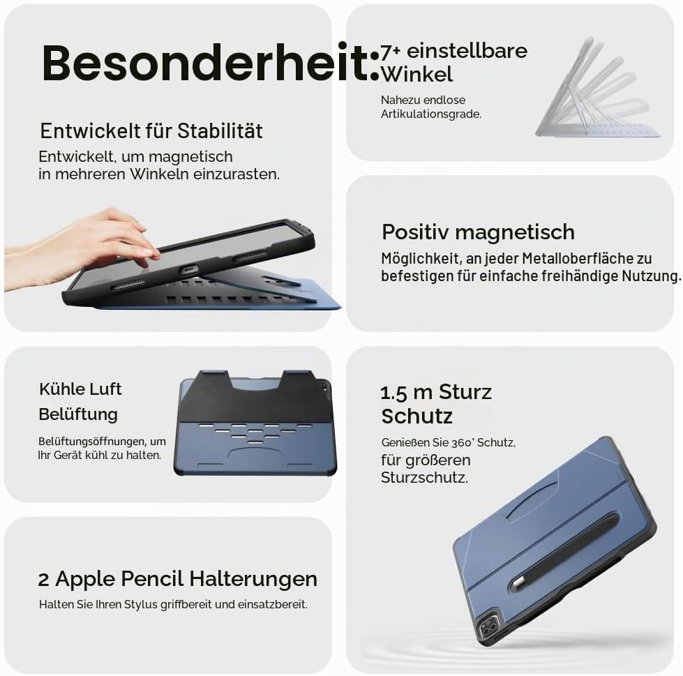 Produktmerkmale einer blauen Tablet-Hülle mit magnetischer Halterung und Stifthalter.